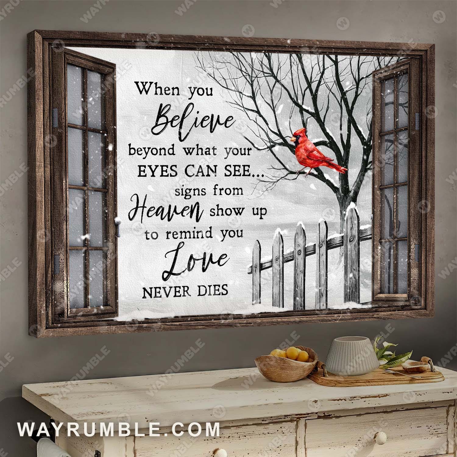 Cardinal, Winter tree, Window frame, When you believe, signs from heaven show up to remind you love never dies - Jesus Landscape Canvas Prints, Wall Art