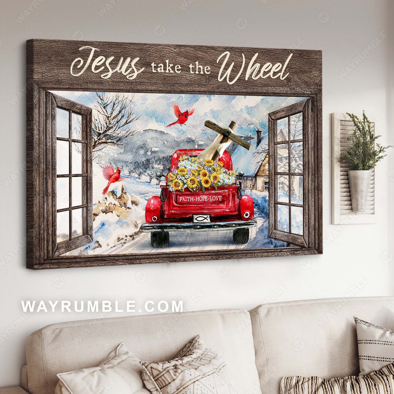 Snowing road, Red truck, Cardinal, Jesus take the wheel - Jesus Landscape Canvas Prints, Wall Art