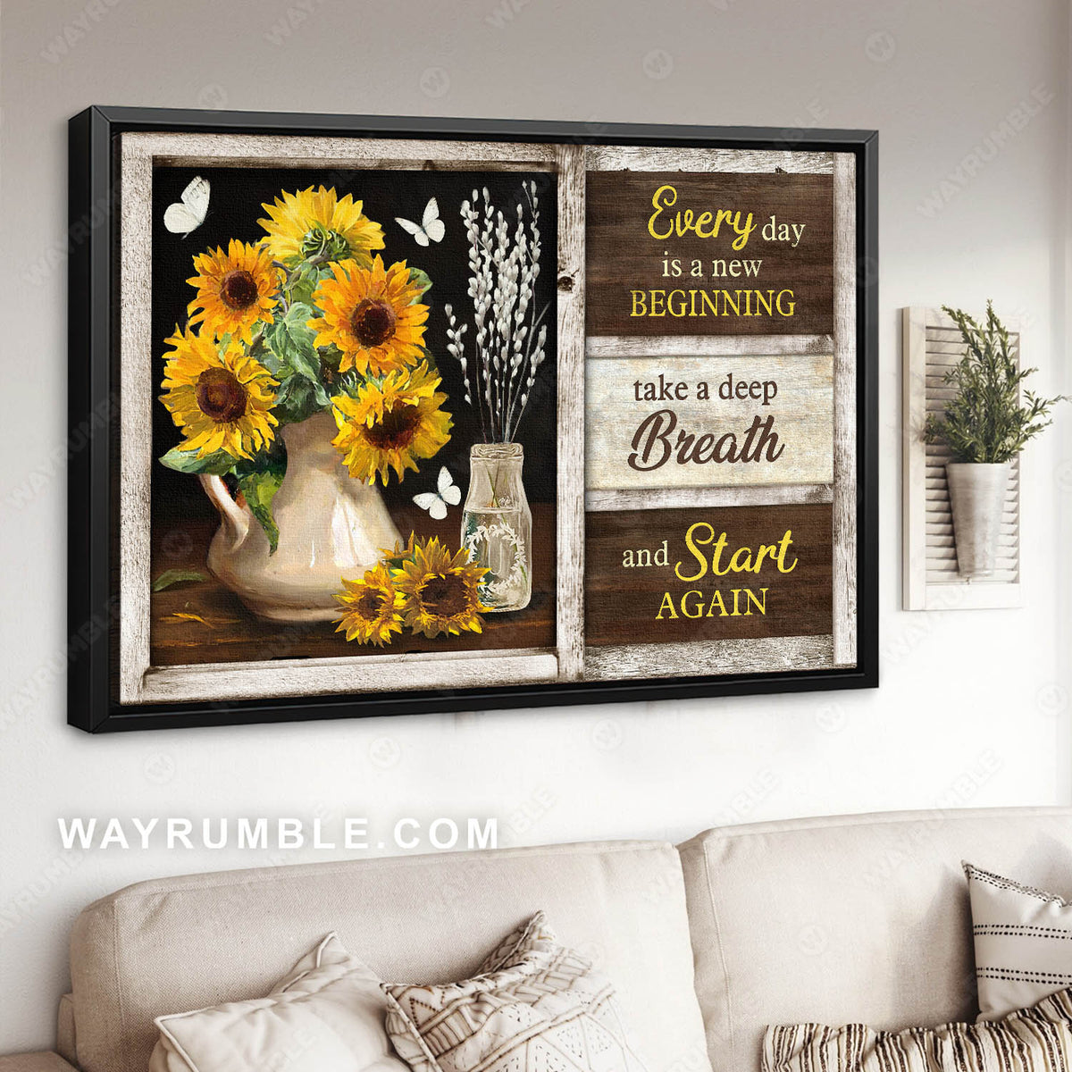 Sunflower vase, Still life painting, Every day is a new beginning - Jesus Landscape Canvas Prints, Wall Art