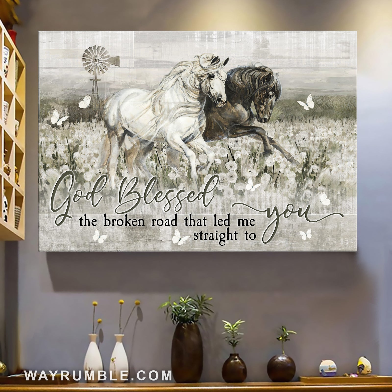 Black and White Horse, Dandelion Field, Butterfly, God blessed the road that led me to you - Jesus Landscape Canvas Prints, Wall Art