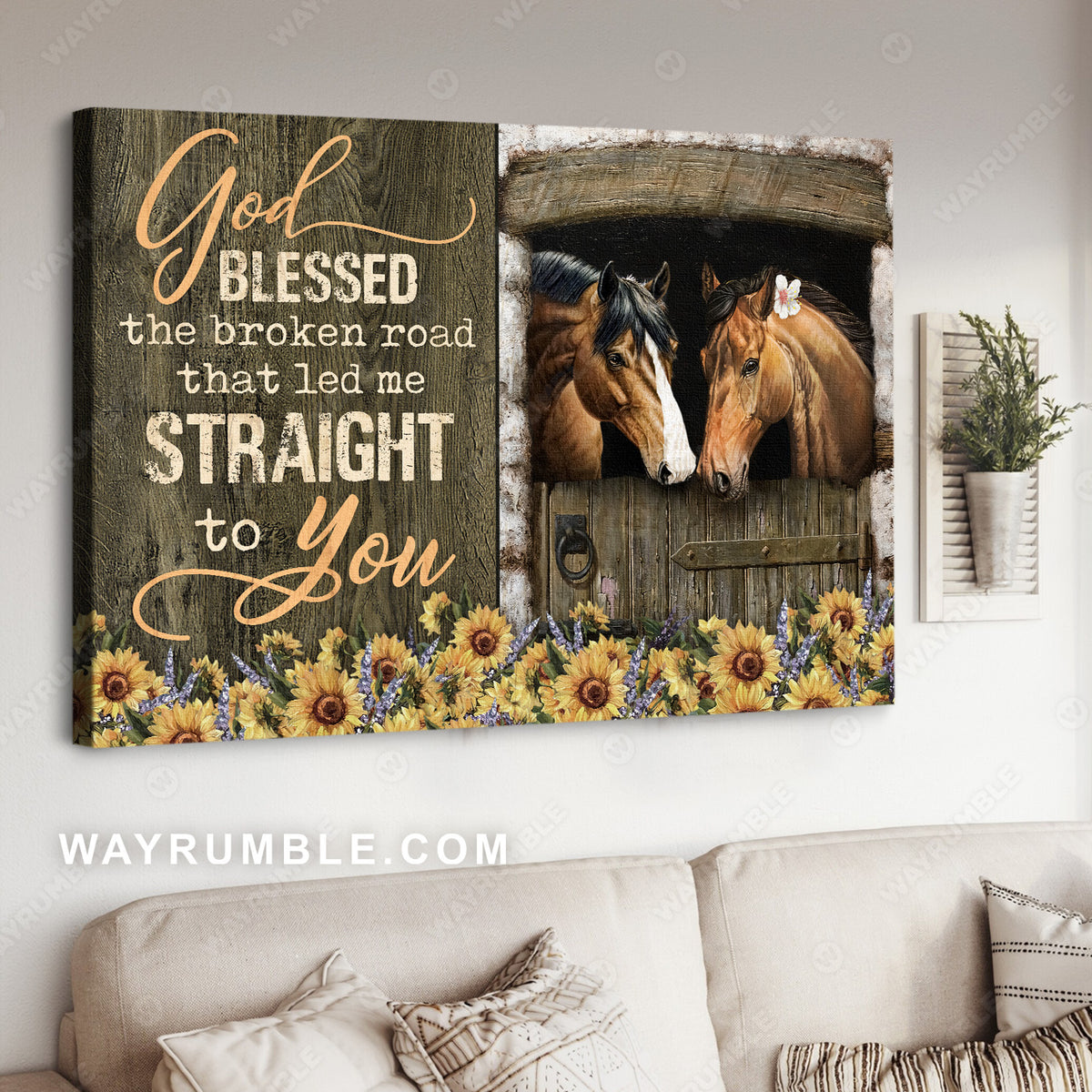 Sunflower, Horse painting, Horse in stable, God blessed the broken road that led me to you - Jesus Landscape Canvas Prints, Christian Wall Art