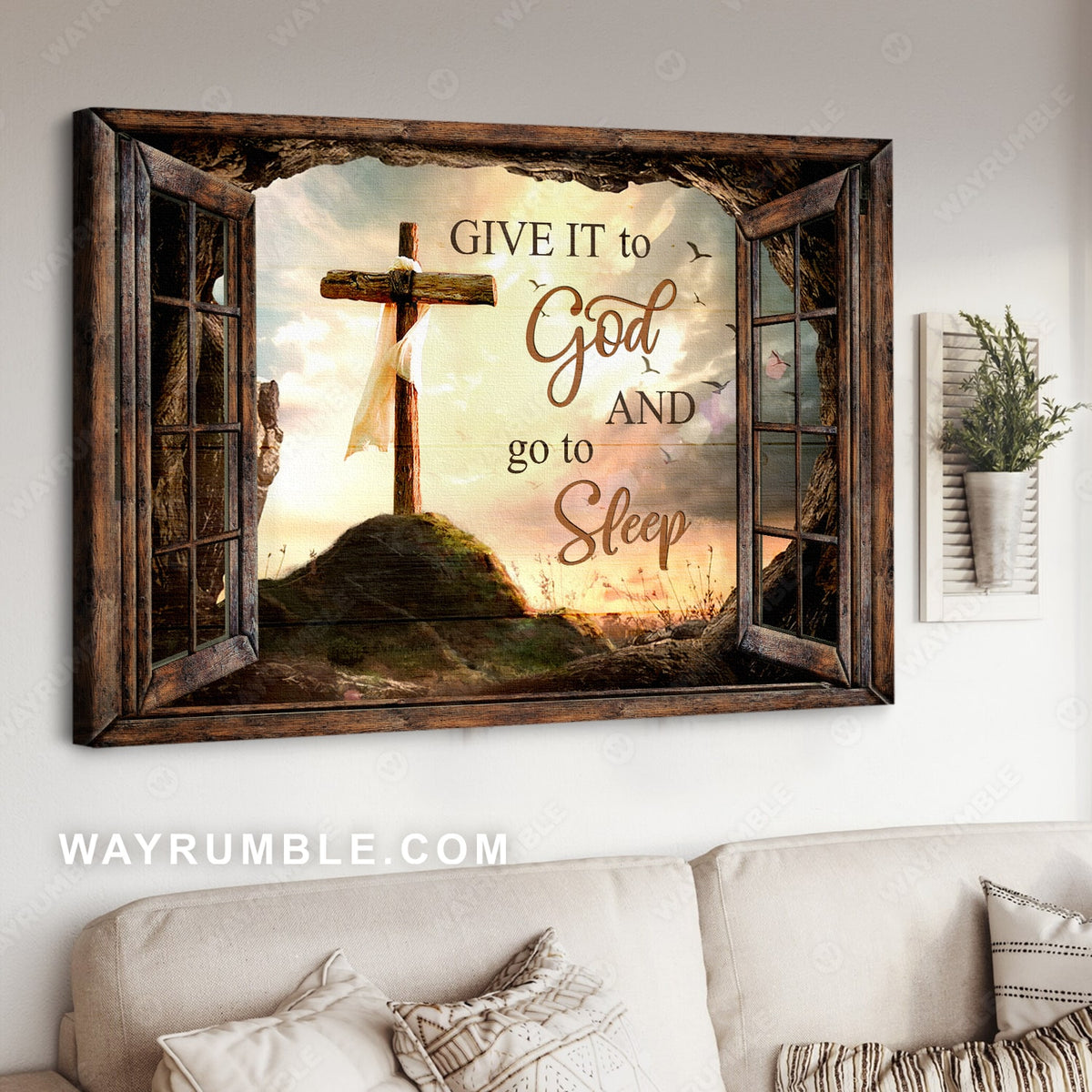 The old rugged cross, Window frame, On the hill, Give it to God and go to sleep - Jesus Landscape Canvas Prints, Christian Wall Art