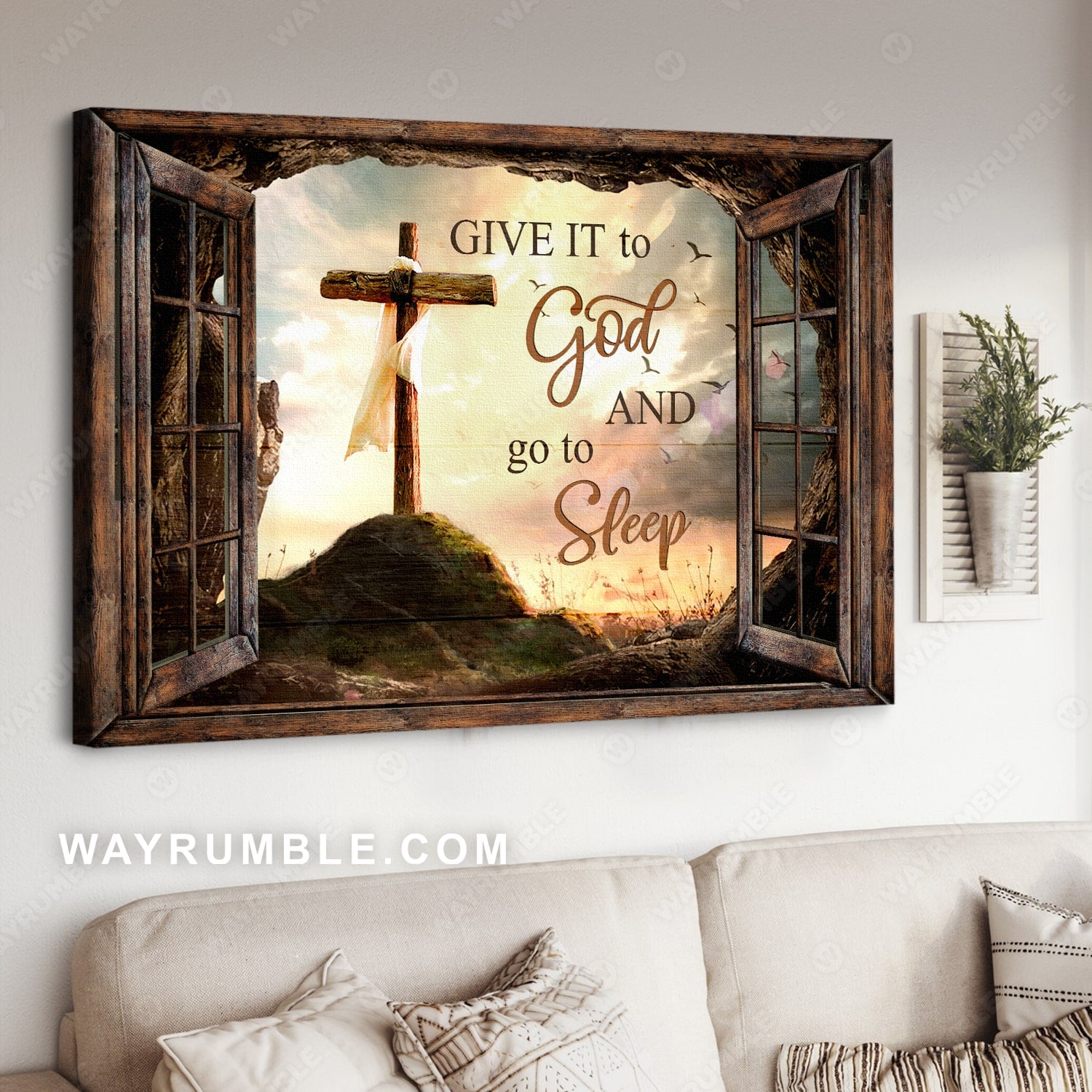 The old rugged cross, Window frame, On the hill, Give it to God and go to sleep - Jesus Landscape Canvas Prints, Christian Wall Art
