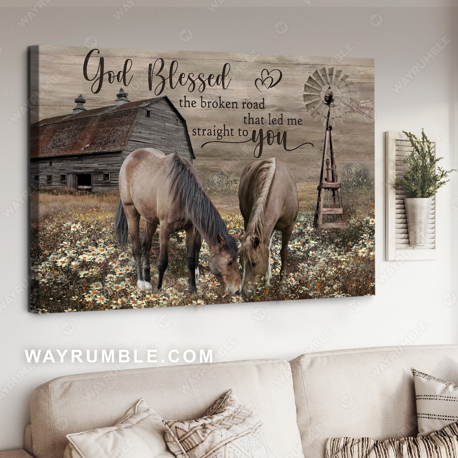 Horse drawing, Countryside landscape, Daisy flower field, God bless the road that led me to you - Jesus Landscape Canvas Prints, Christian Wall Art
