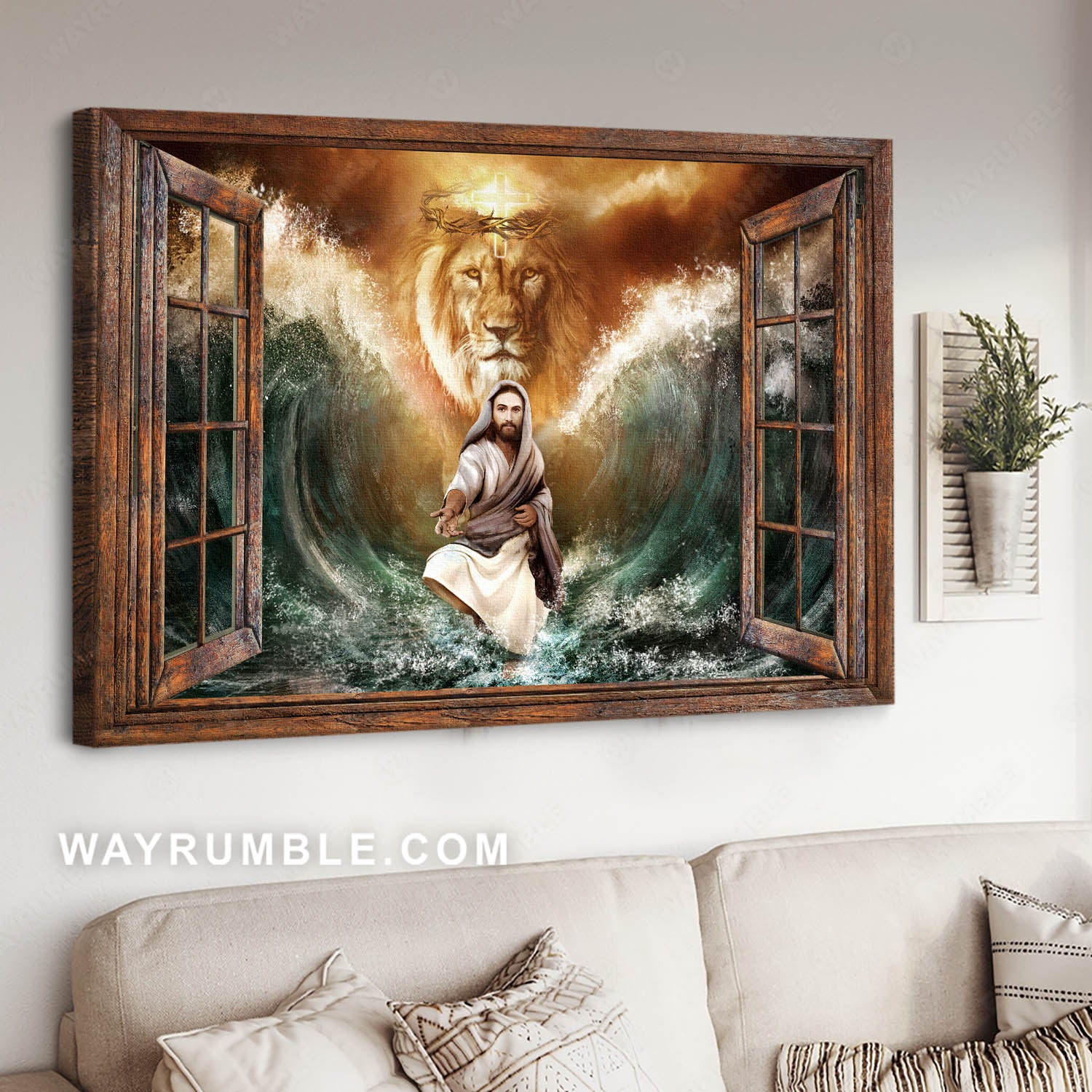 Jesus walks on water, The lion of Judah, Taking Jesus's hand - Jesus Landscape Canvas Prints, Christian Wall Art