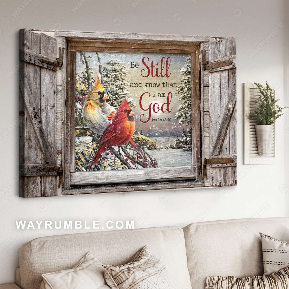 Cardinal couple, Winter forest, Be still and know that I am God - Jesus Landscape Canvas Prints, Christian Wall Art