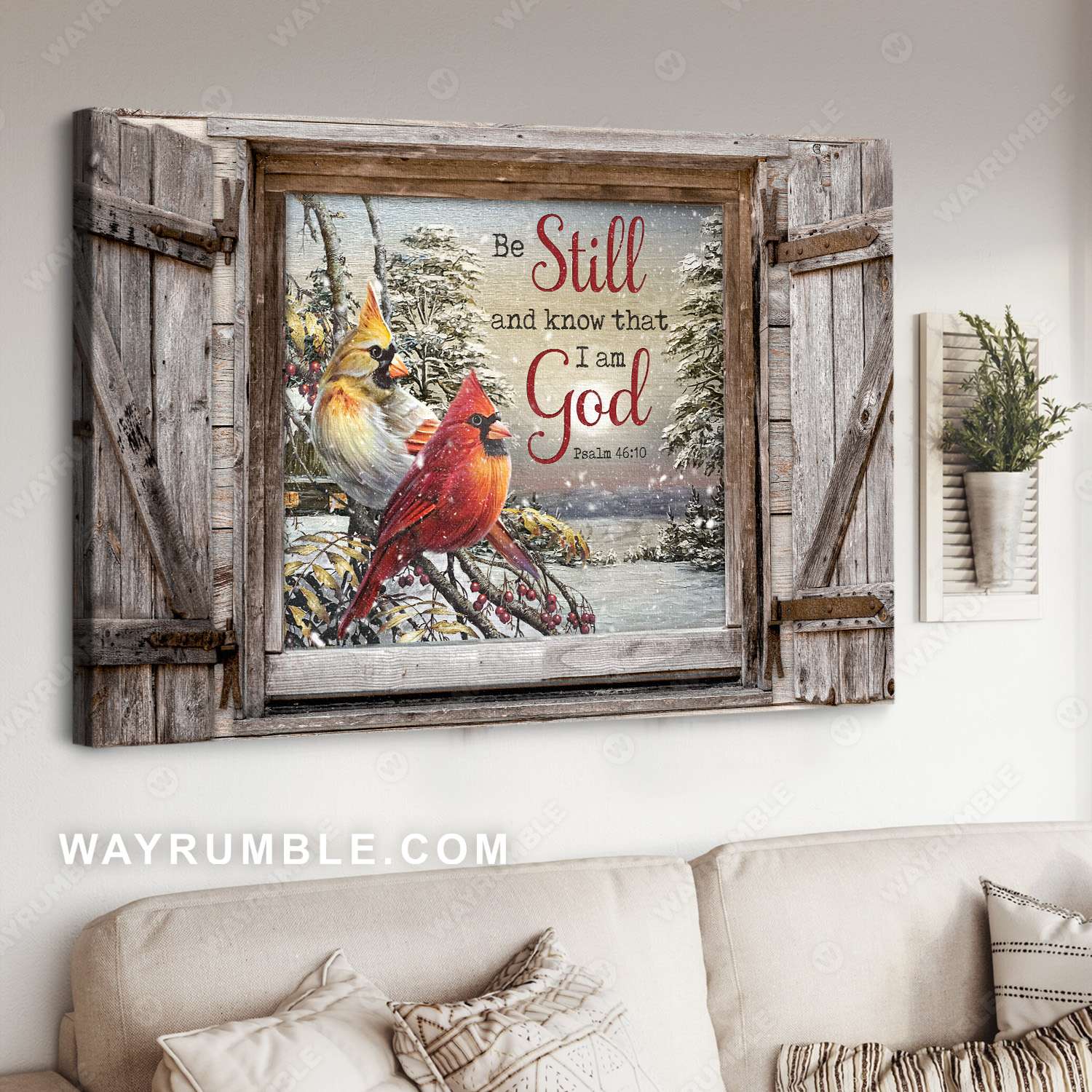 Cardinal couple, Winter forest, Be still and know that I am God - Jesus Landscape Canvas Prints, Christian Wall Art