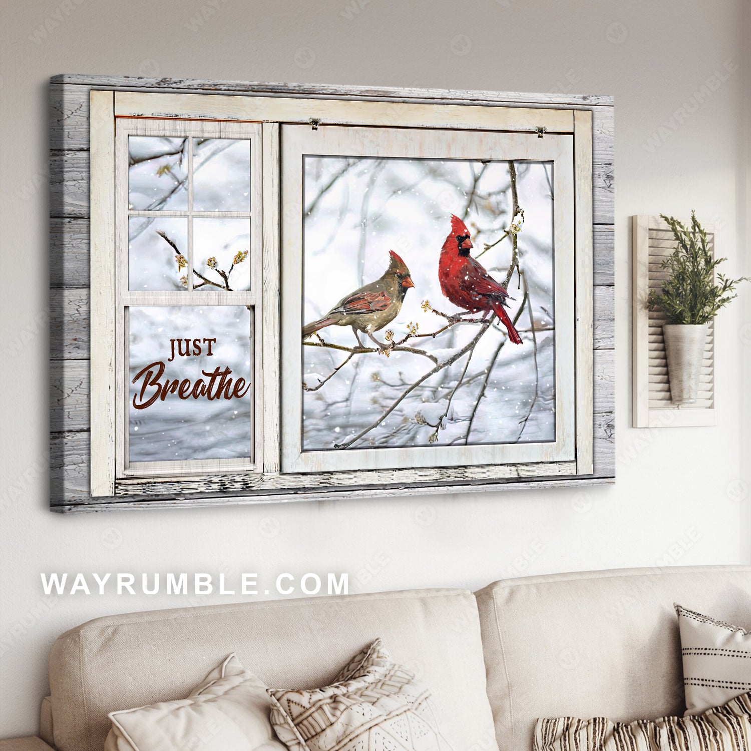 Cardinal painting, Outside the window frame, Winter garden, Just breathe - Jesus Landscape Canvas Prints, Christian Wall Art