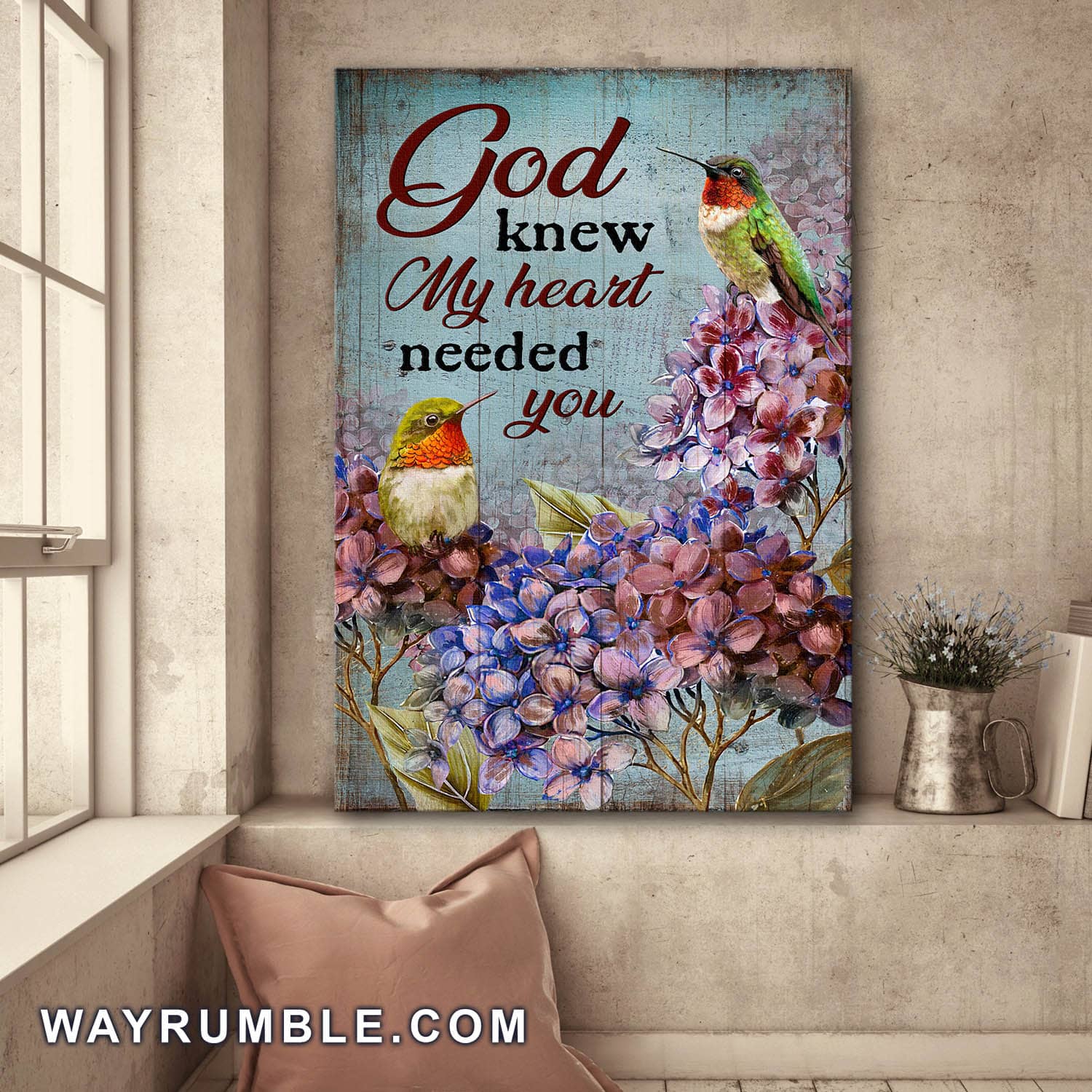 Hummingbird, Hydrangea, God knew my heart needed you - Jesus Portrait Canvas Prints, Wall Art