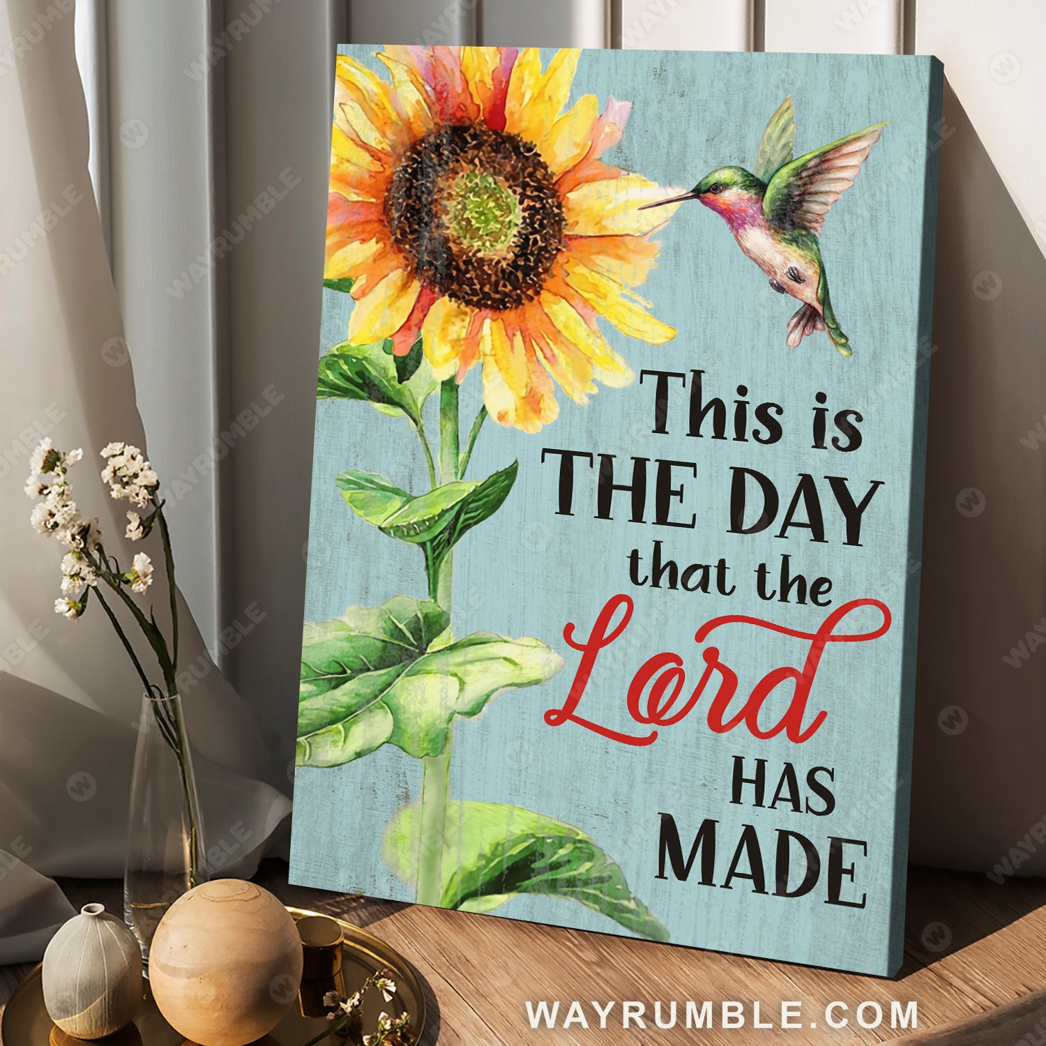 Hummingbird, Sunflower painting, Vintage painting, This is the day that the Lord has made - Jesus Portrait Canvas Prints, Christian Wall Art