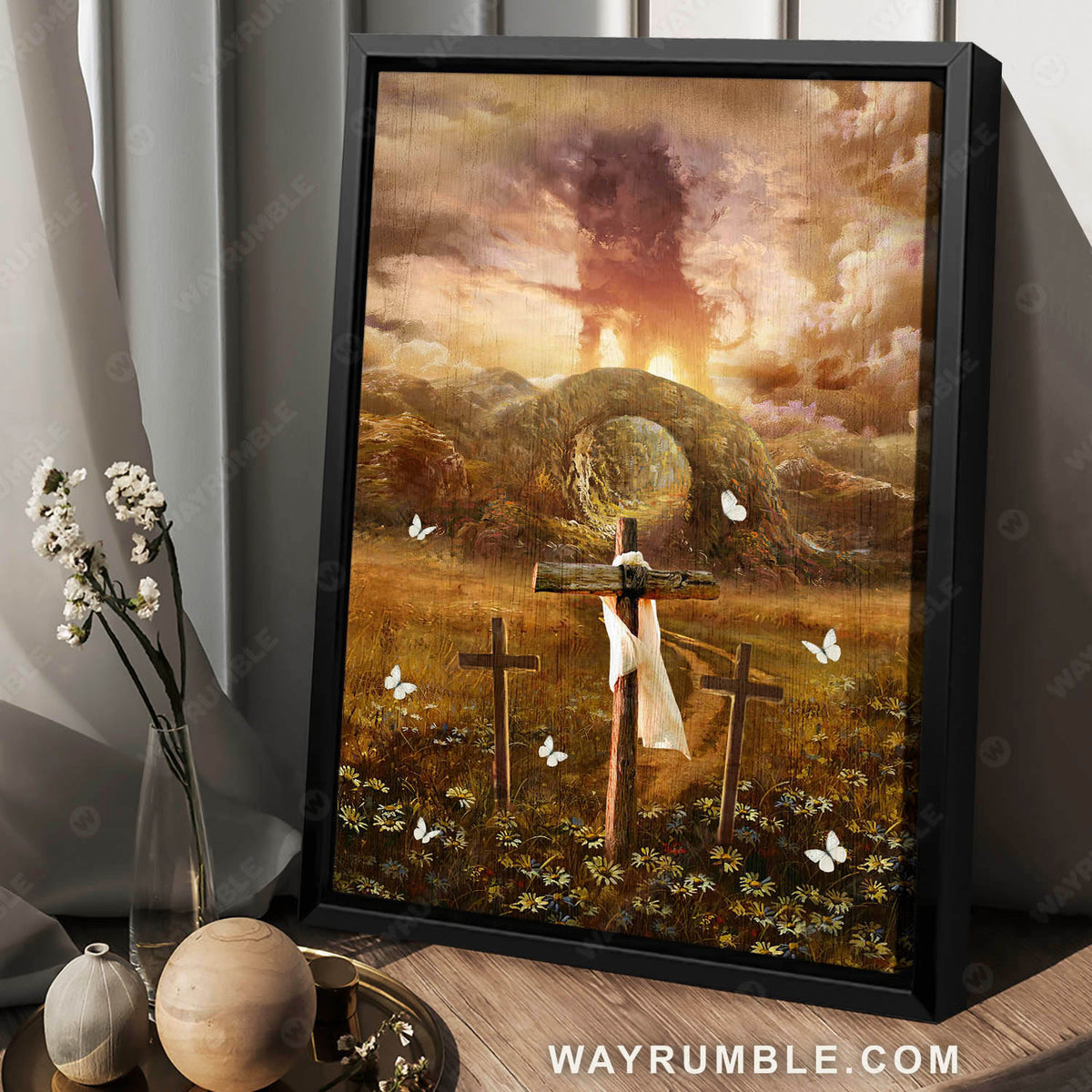 Lion of Judah, The wooden cross, Mountain landscape, The beautiful cave painting - Jesus Portrait Canvas Prints, Wall Art