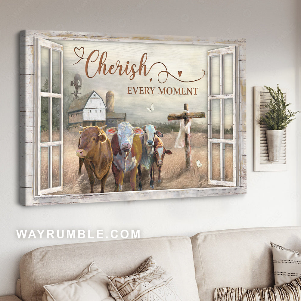 Window frame, Barn house painting, Cows on field, Cherish every moment - Jesus Landscape Canvas Prints, Christian Wall Art