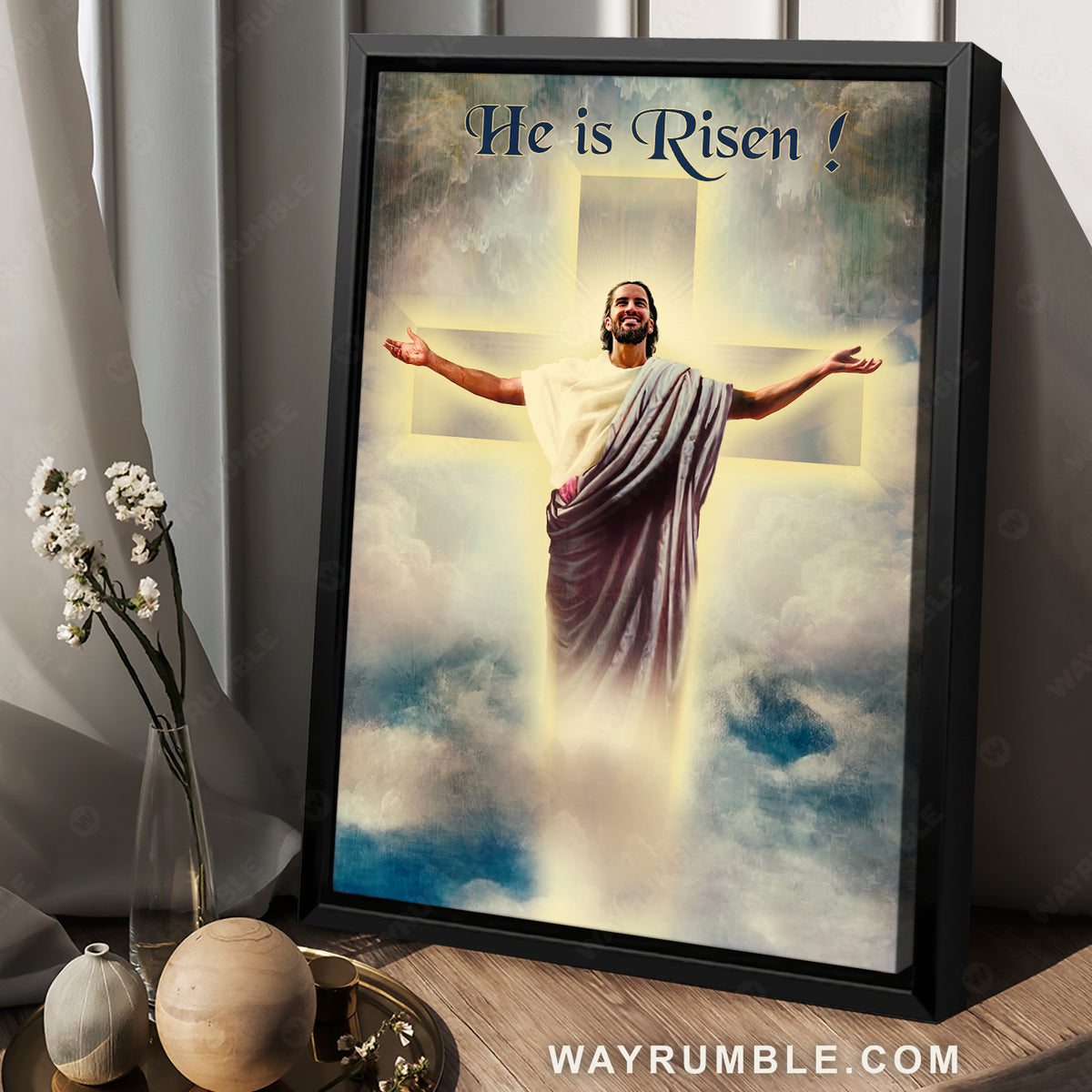 Jesus painting, Blue sky, The cross light, He is risen - Jesus Portrait Canvas Prints, Christian Wall Art
