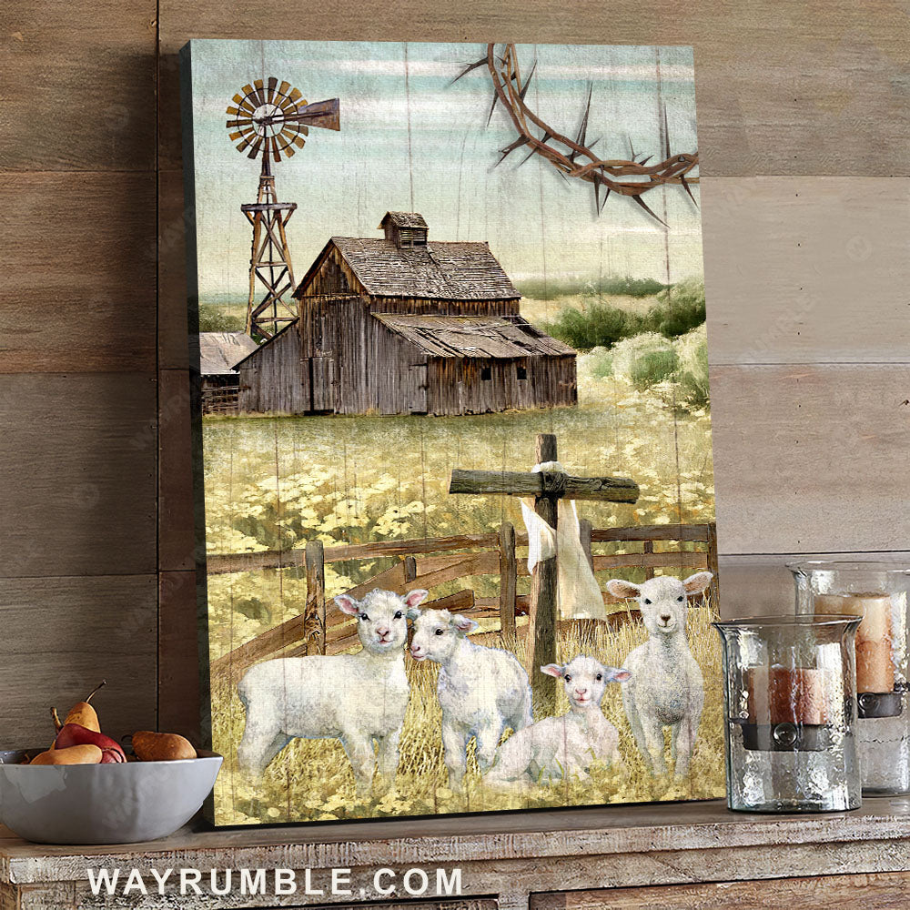 Lambs of God, The old barn, Countryside painting, A peaceful day - Jesus Portrait Canvas Prints, Christian Wall Art