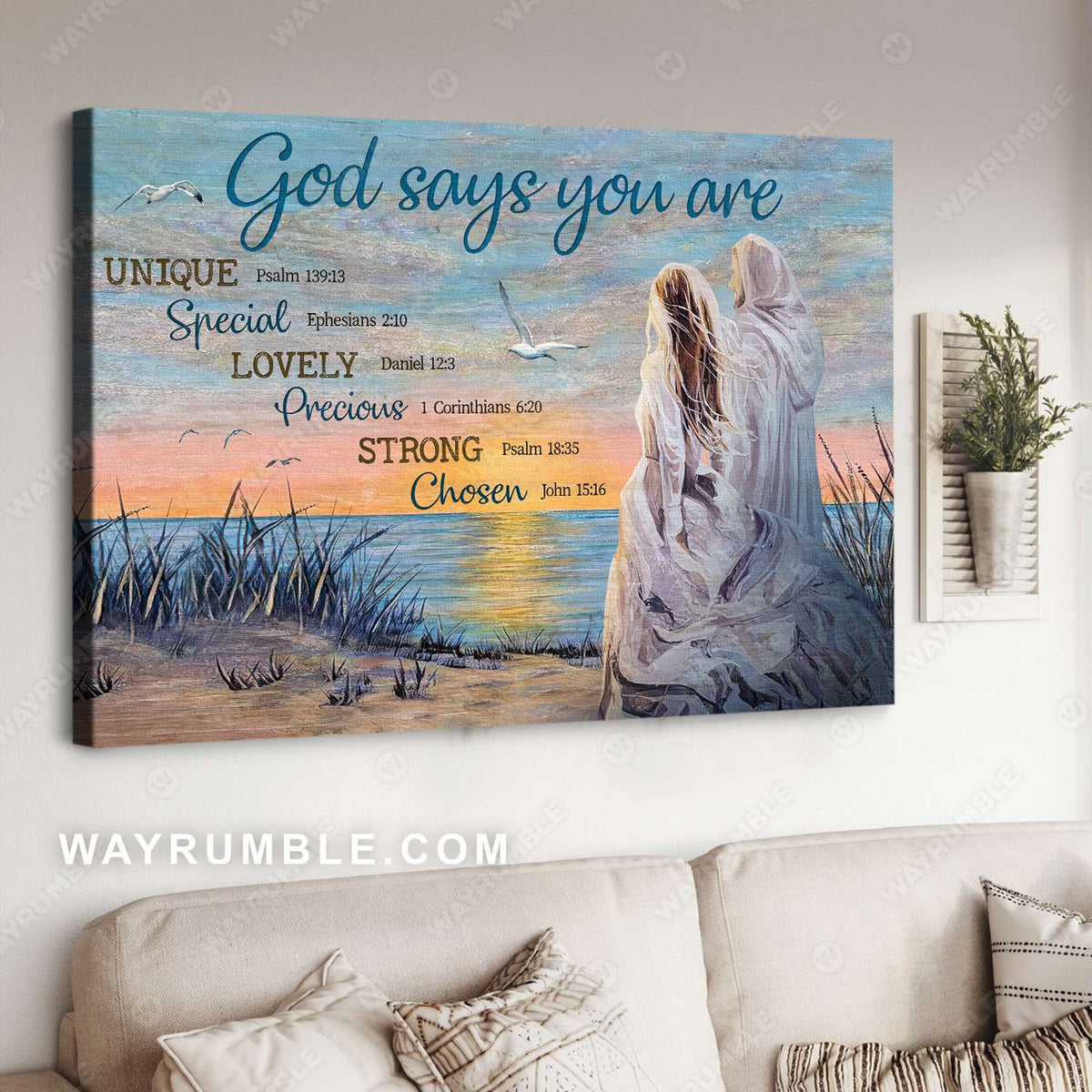 Jesus painting, Beautiful girl walks with Jesus, By the seashore, God says you are - Jesus Landscape Canvas Prints, Christian Wall Art