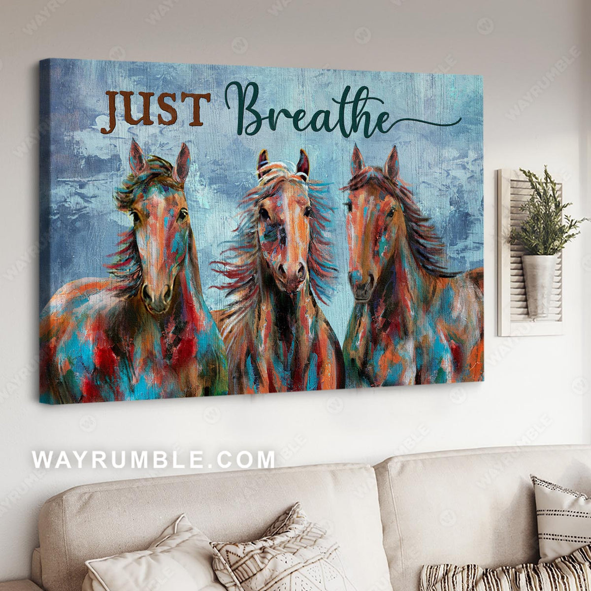 Blue background, Horse drawing, Just breathe - Jesus Landscape Canvas Prints, Christian Wall Art