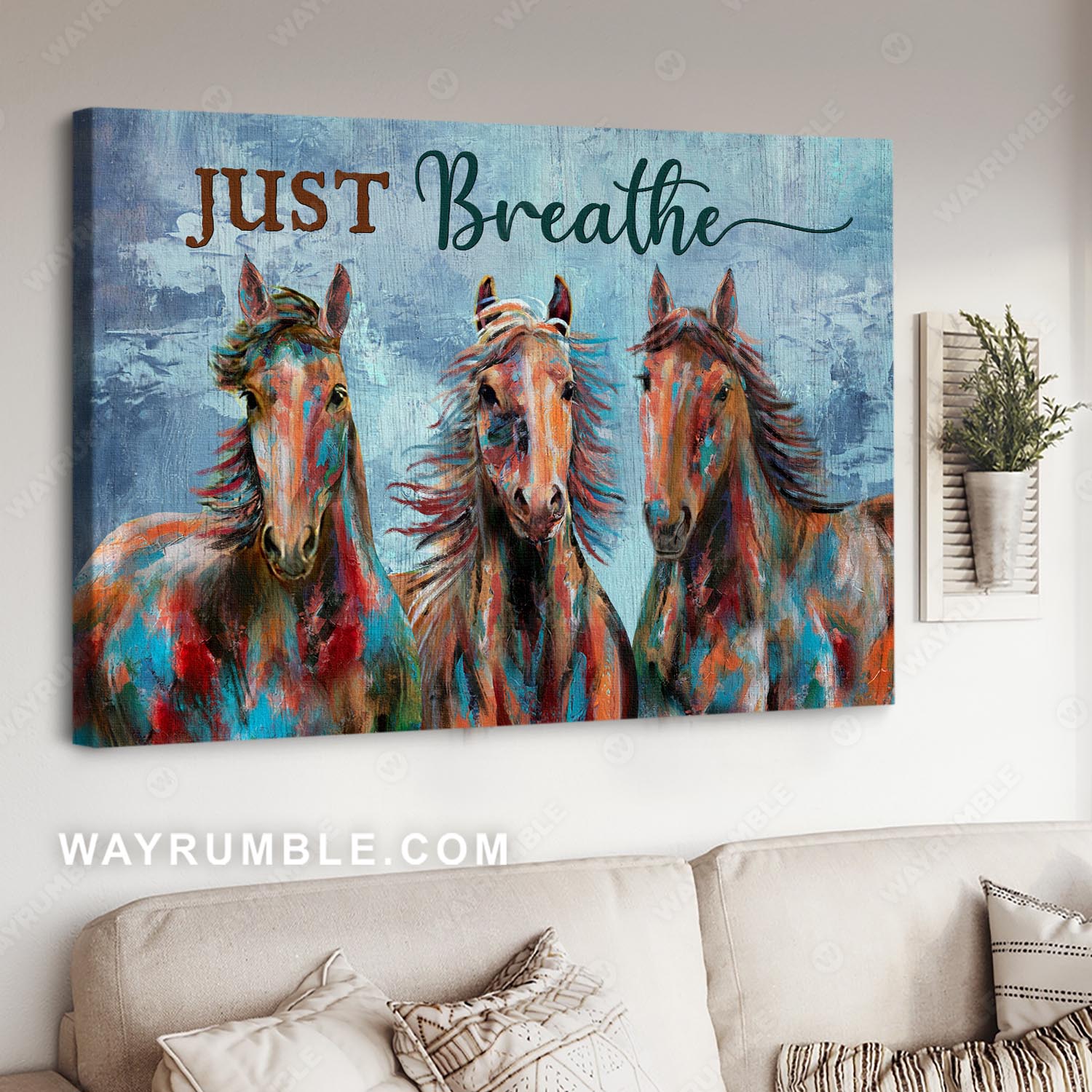 Blue background, Horse drawing, Just breathe - Jesus Landscape Canvas Prints, Christian Wall Art