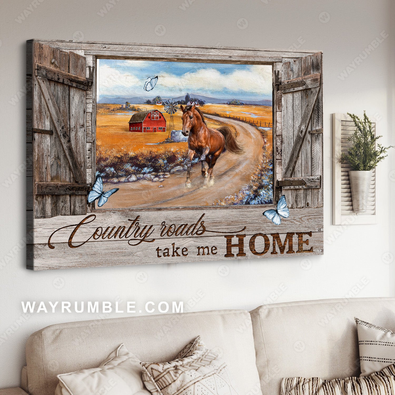 Horse painting, Red barn house, Countryside landscape, On the dirt road, Country roads take me home - Jesus Landscape Canvas Prints, Christian Wall Art