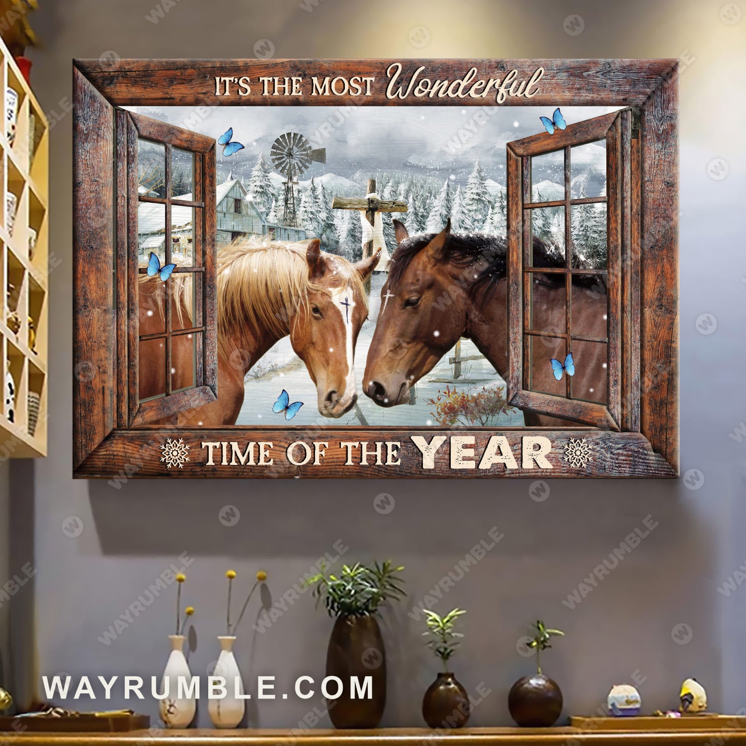 Window frame, Brown Horse painting, Winter forest, It's the most wonderful time of the year - Horse, Jesus Landscape Canvas Prints, Wall Art