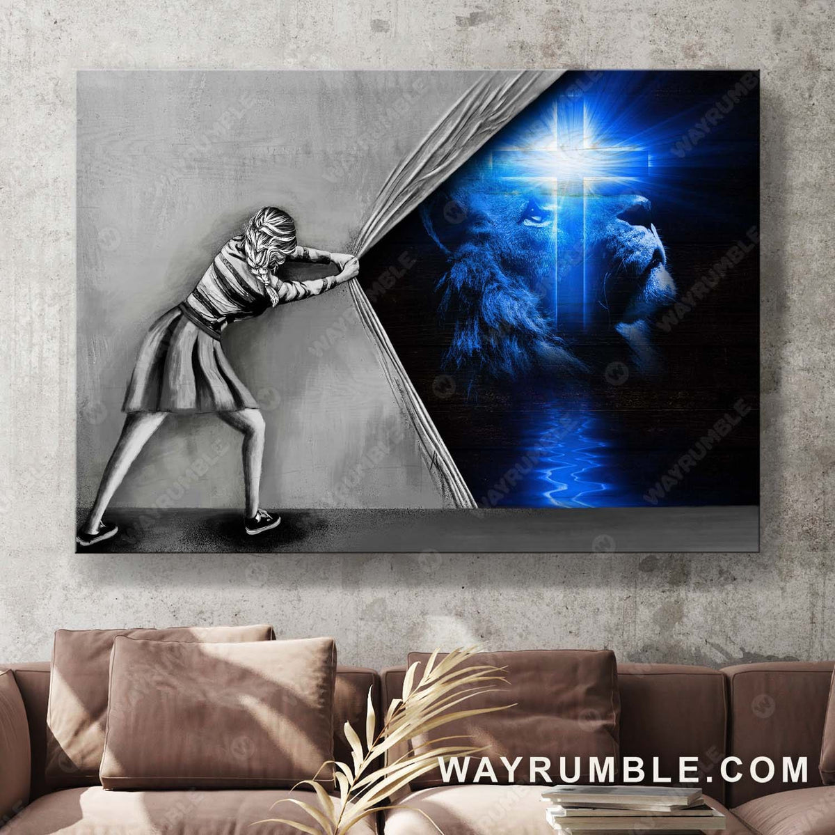 Girl pulls curtain, The amazing lion, Cross light - Jesus Landscape Canvas Prints, Wall Art