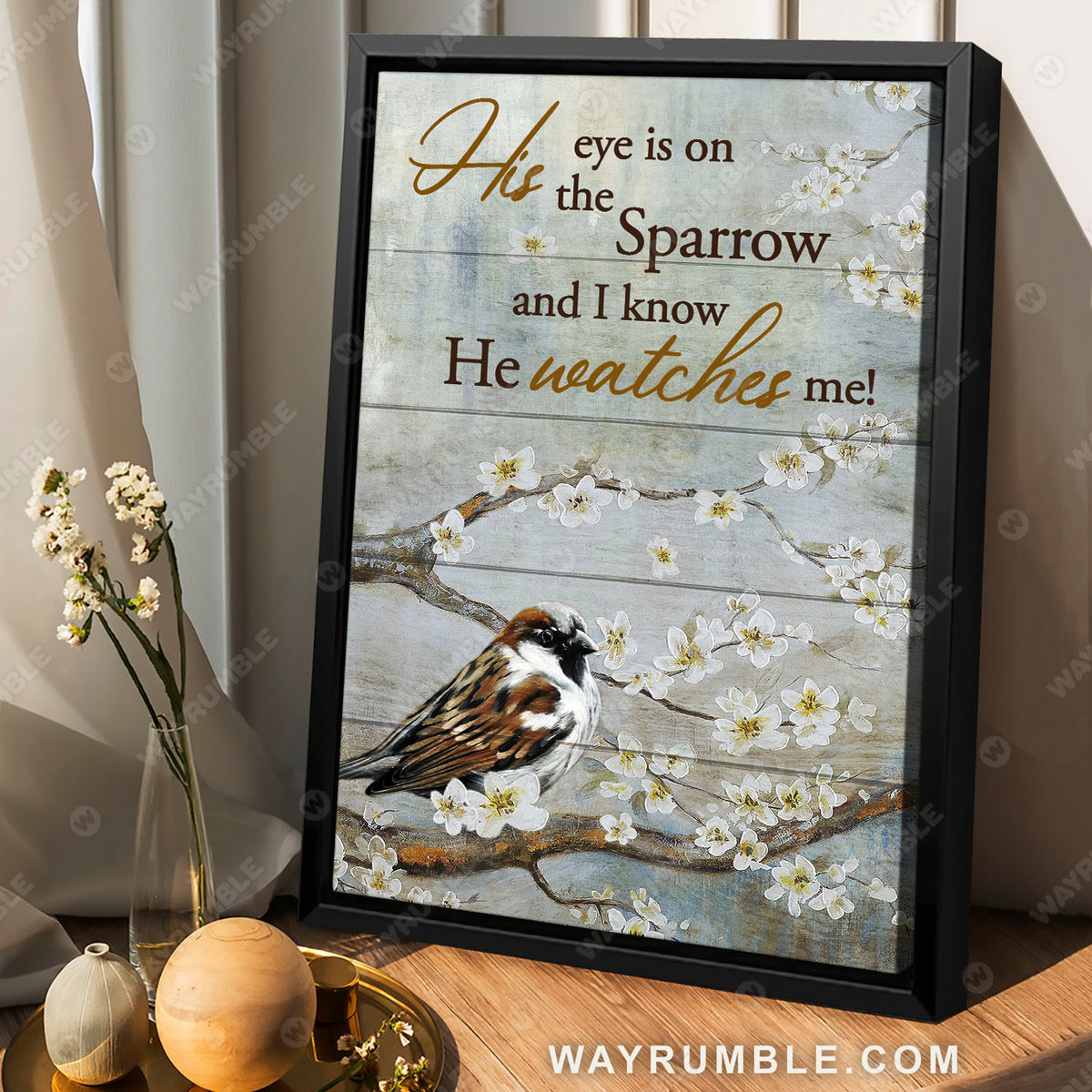 Sparrow painting, Spring tree, White cherry blossom, I know he watches me - Jesus Portrait Canvas Prints, Christian Wall Art