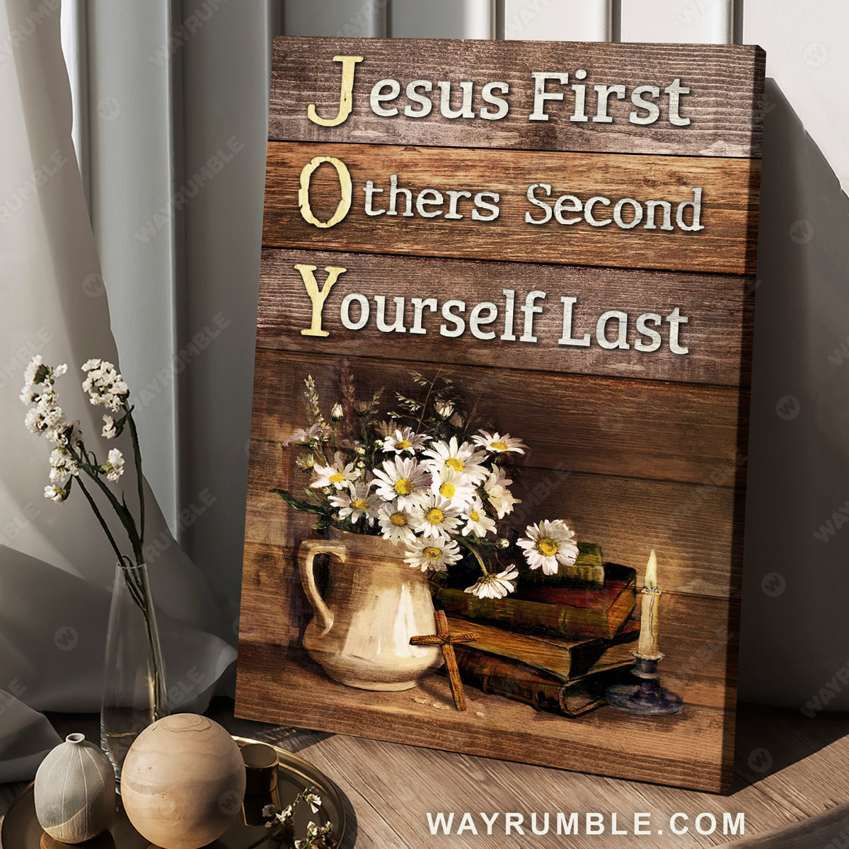 Daisy flower vase, The Bible, Still life painting, Jesus first, Others second, Jesus Portrait Canvas Prints, Christian Wall Art