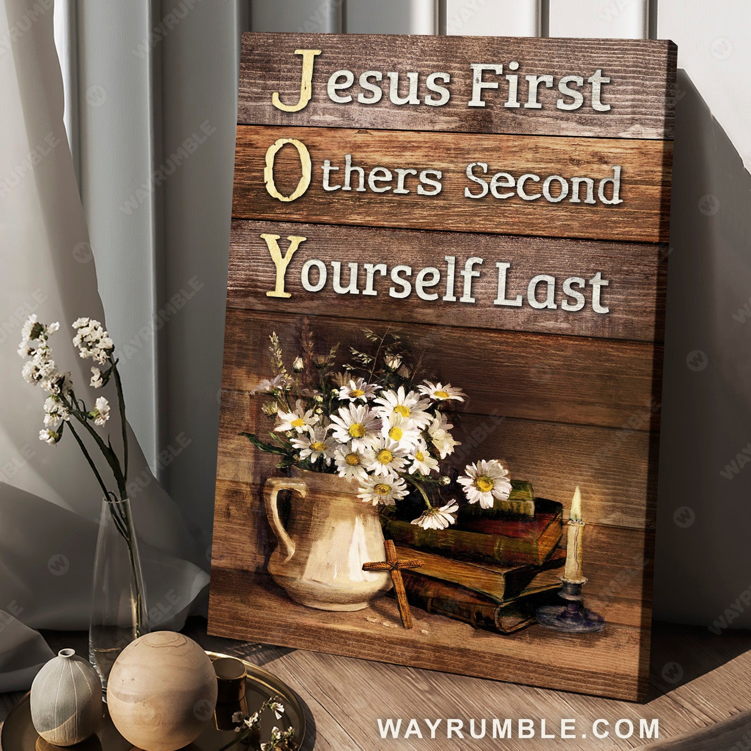 Daisy flower vase, The Bible, Still life painting, Jesus first, Others second, Jesus Portrait Canvas Prints, Christian Wall Art