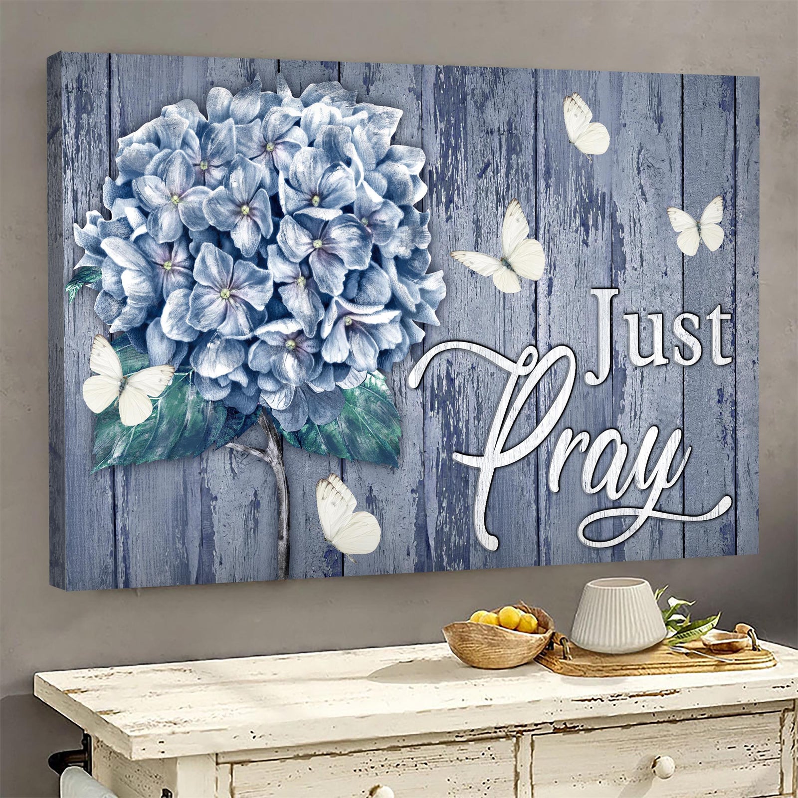 White butterfly, Hydrangea painting, Just pray - Jesus Landscape Canvas Prints, Wall Art