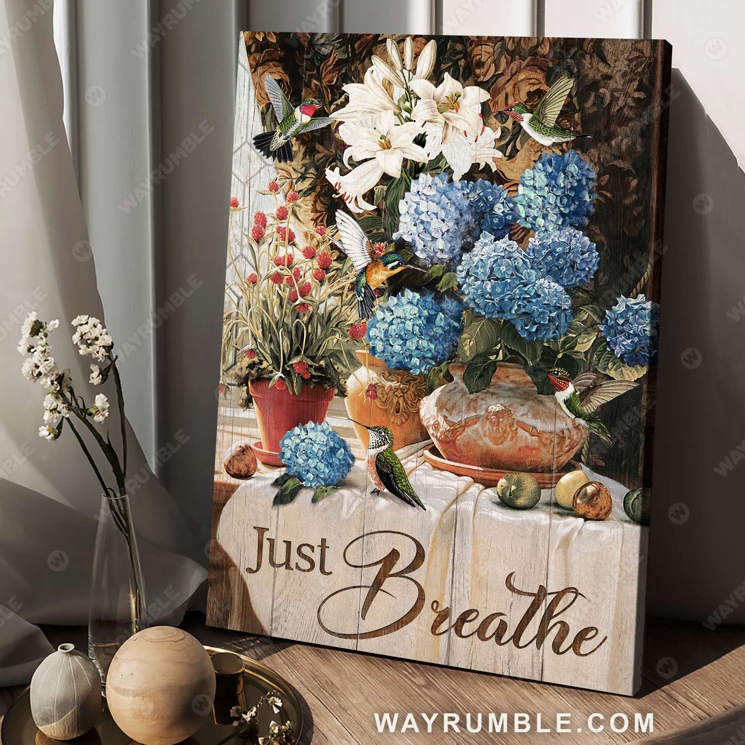 Hydrangea flower vase, Vintage painting, Flower garden, Just breathe - Jesus Portrait Canvas Prints, Christian Wall Art