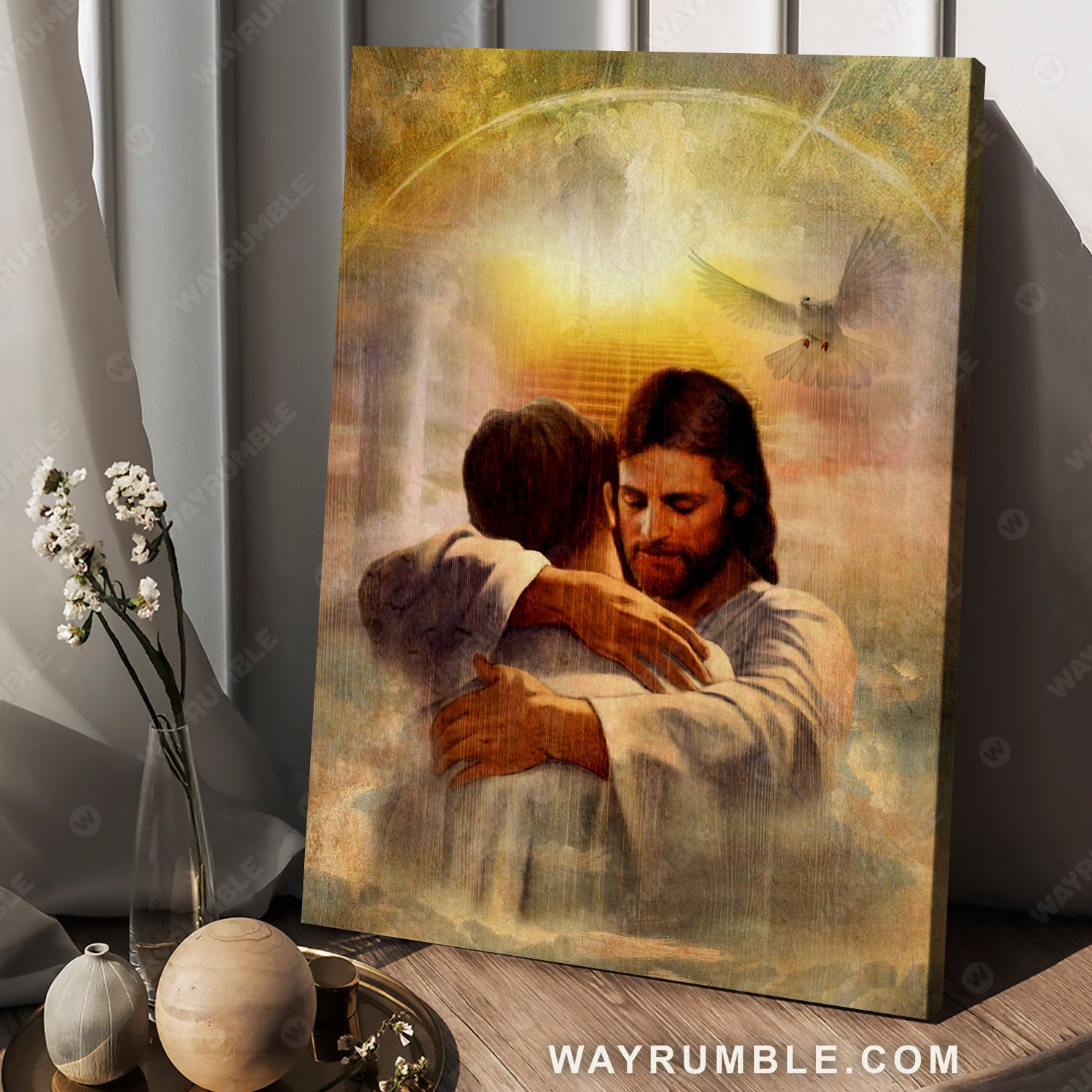 Man hugging Jesus, Heaven's light, In the arms of Jesus - Jesus Portrait Canvas Prints, Christian Wall Art