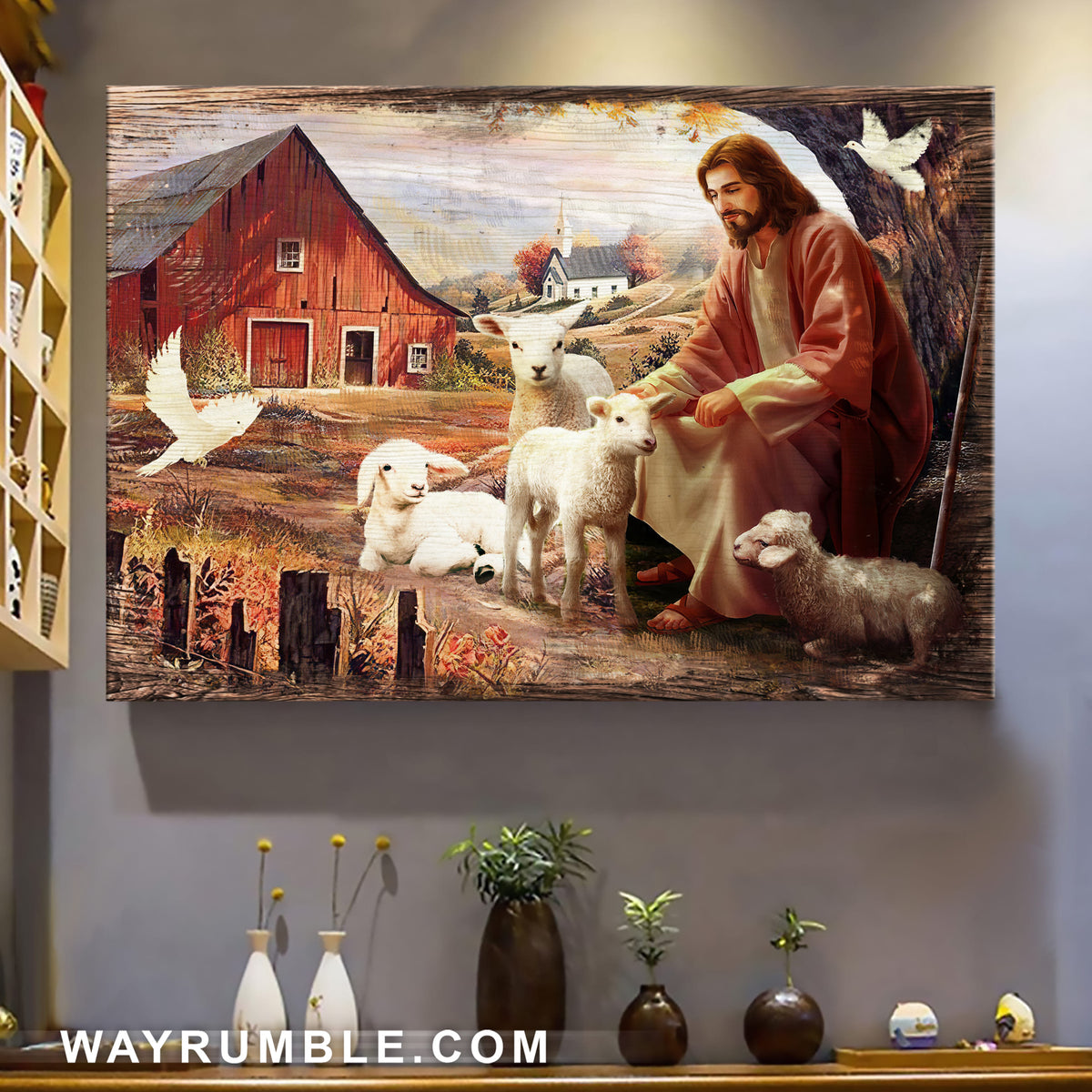 Dove, Jesus Painting, Peaceful farm, Sitting with the lambs - Jesus Landscape Canvas Prints, Wall Art