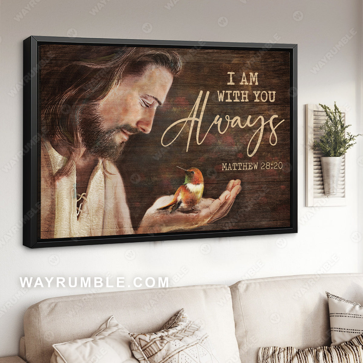 The hummingbird, Jesus painting, In he hand of Jesus, I am with you always - Jesus Landscape Canvas Prints, Christian Wall Art