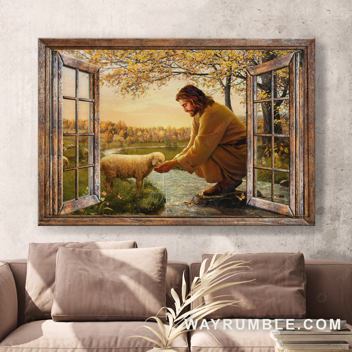 Jesus painting, Lamb of God, Meadow landscape, Jesus anf the lamb by the river - Jesus Landscape Canvas Prints, Christian Wall Art