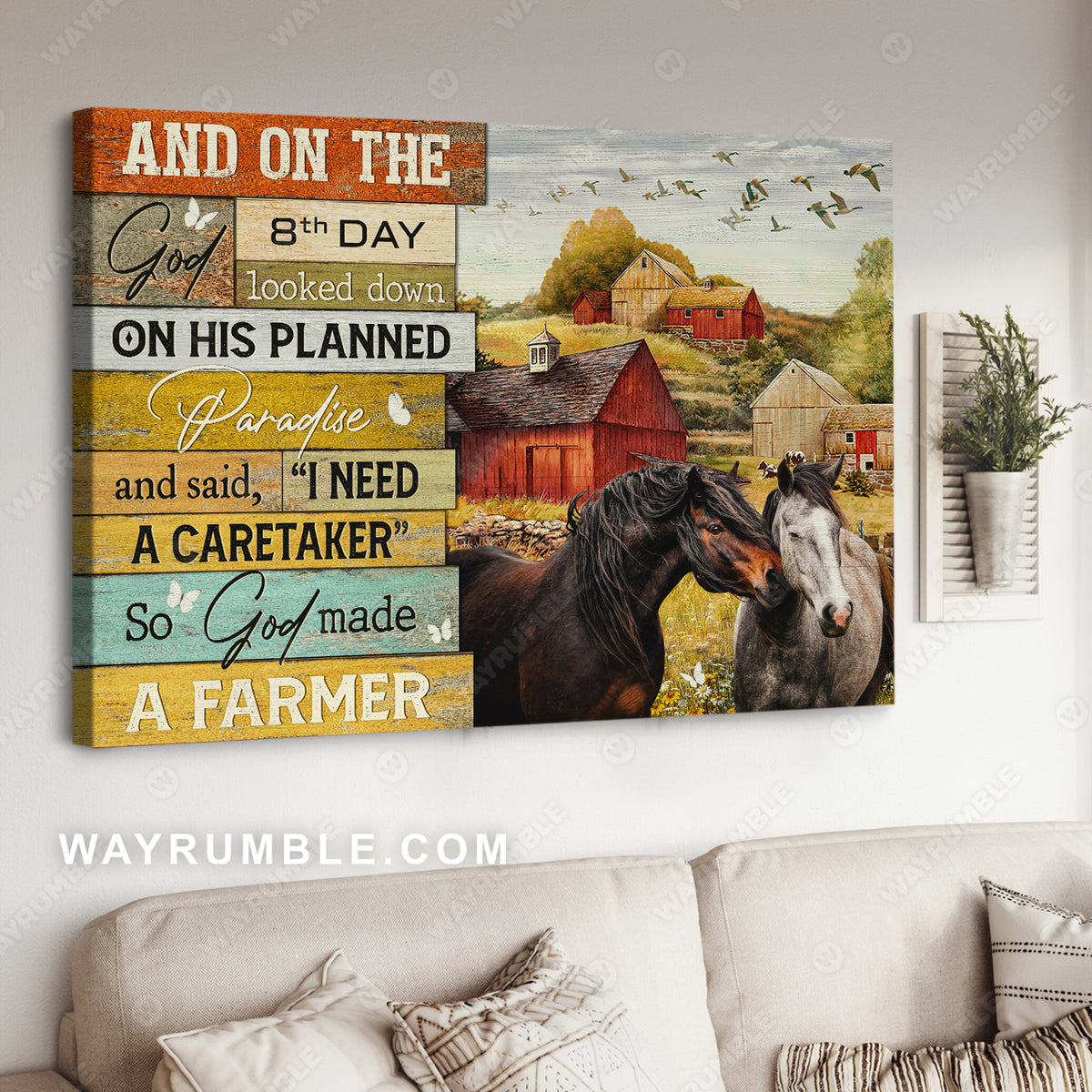 Horse painting, On the farm, Farmhouse on the hill, God needed a caretaker so he made a farmer - Jesus Landscape Canvas Prints, Christian Wall Art