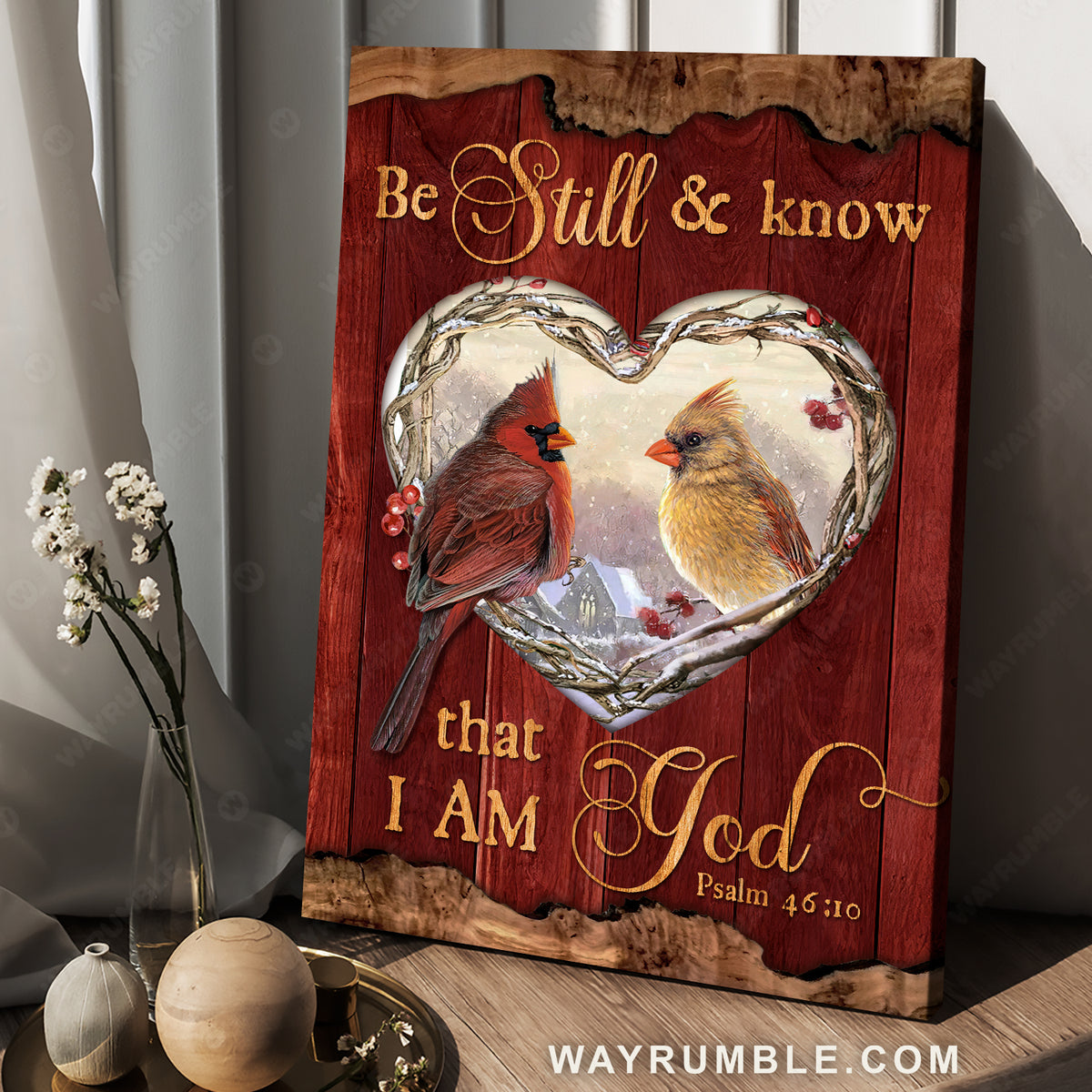 Pretty winter painting, Cardinal couple, Be still and know that I am God - Jesus Portrait Canvas Prints, Home Decor Wall Art