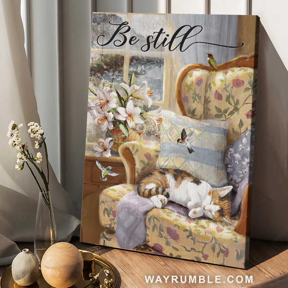 Vintage chair, Lily flower, Sleeping cat, Hummingbird, Be still - Jesus Portrait Canvas Prints, Christian Wall Art