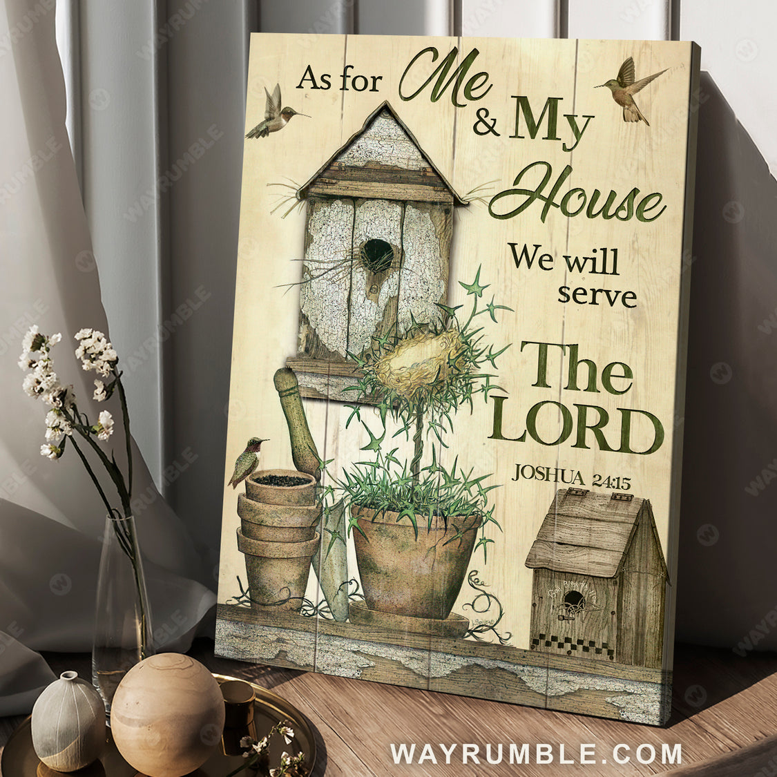 Wooden birdhouse, Hummingbird drawing, Garden, We will serve the Lord - Jesus Portrait Canvas Prints, Christian Wall Art