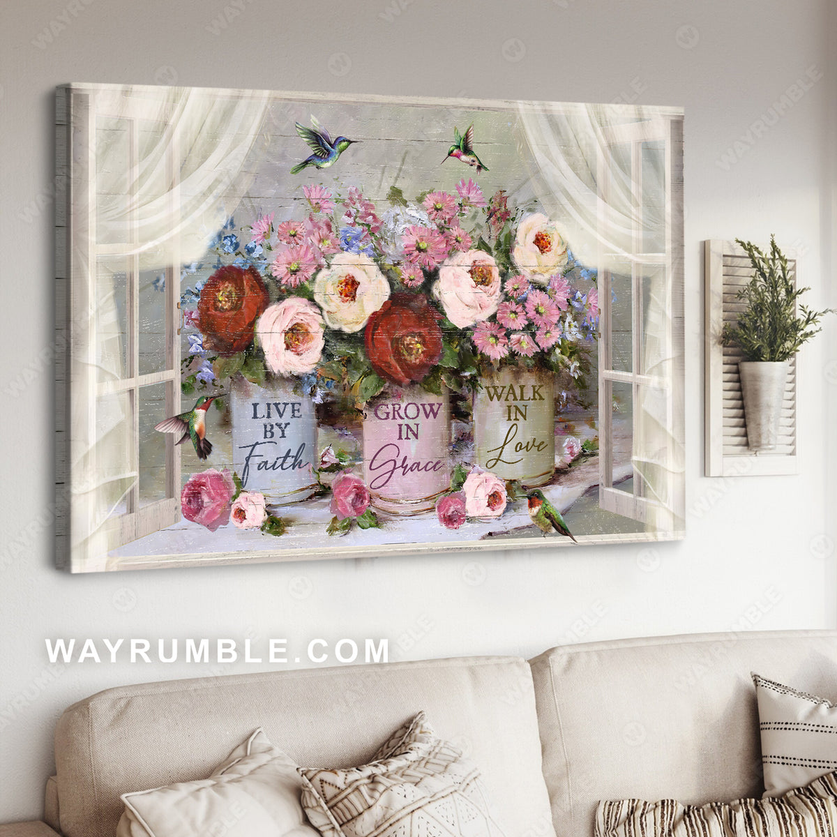 Rose, Pink daisy, Hummingbird, Window frame, Live by faith - Jesus Landscape Canvas Prints, Christian Wall Art