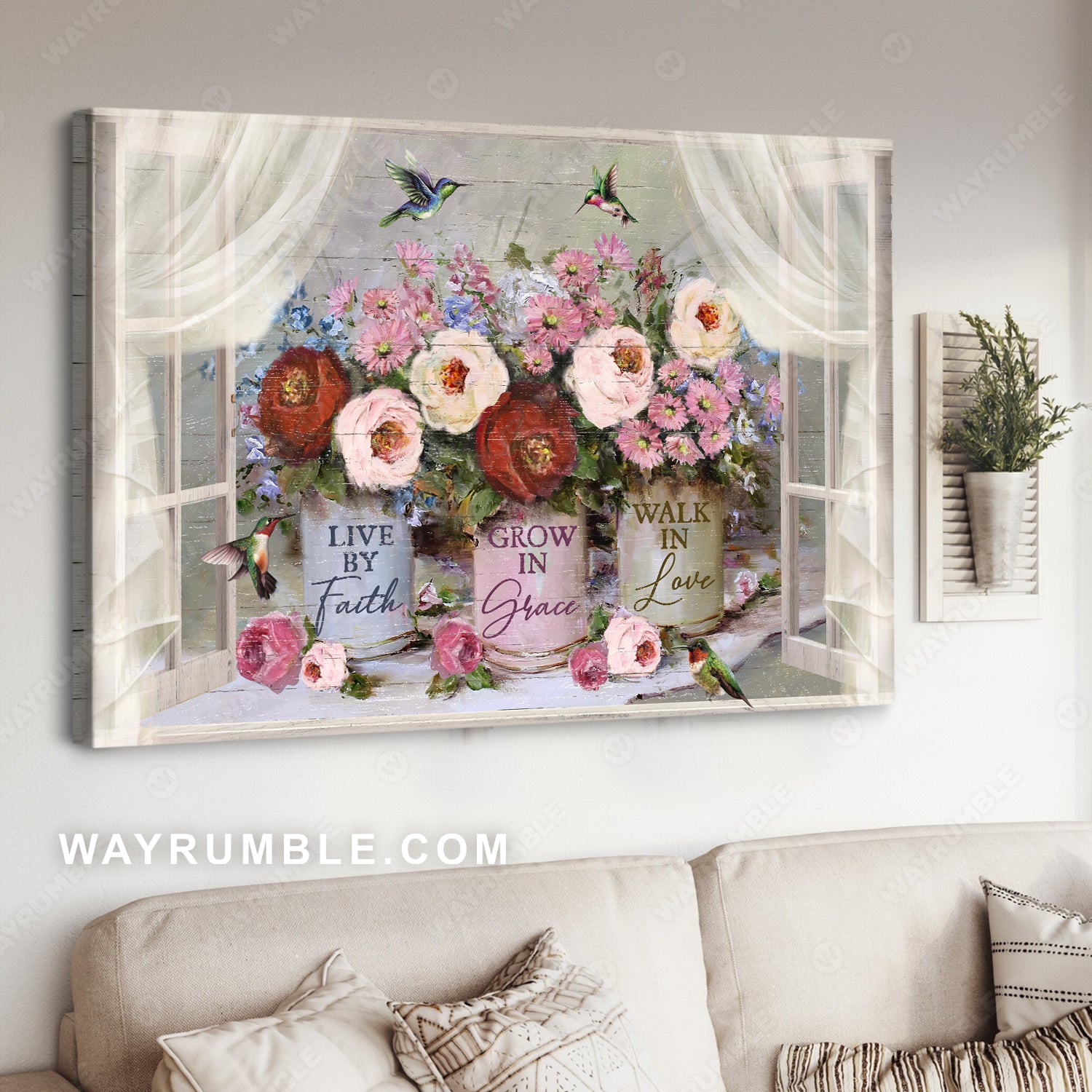 Rose, Pink daisy, Hummingbird, Window frame, Live by faith - Jesus Landscape Canvas Prints, Christian Wall Art
