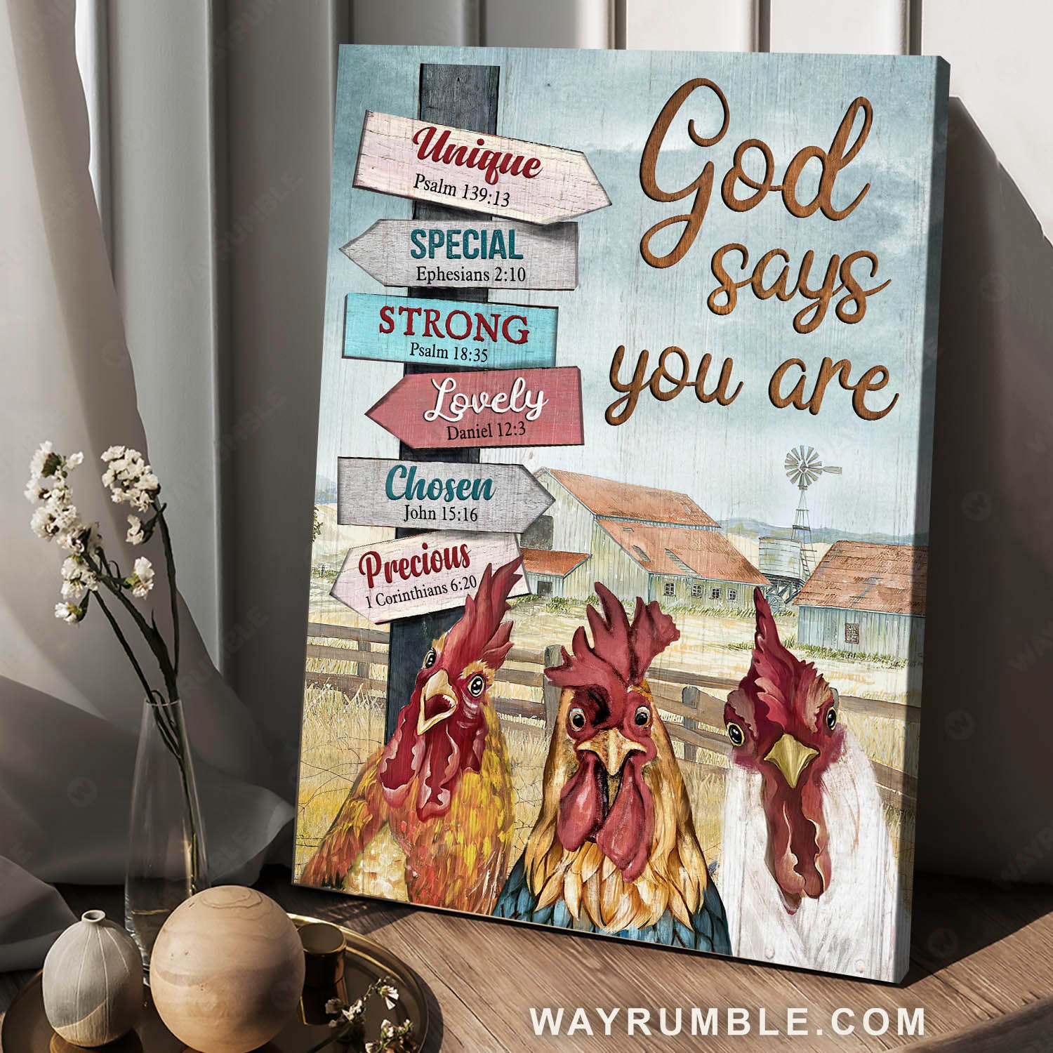 Rooster drawing, Farm house, Windmill, God says you are unique - Jesus Portrait Canvas Prints, Christian Wall Art