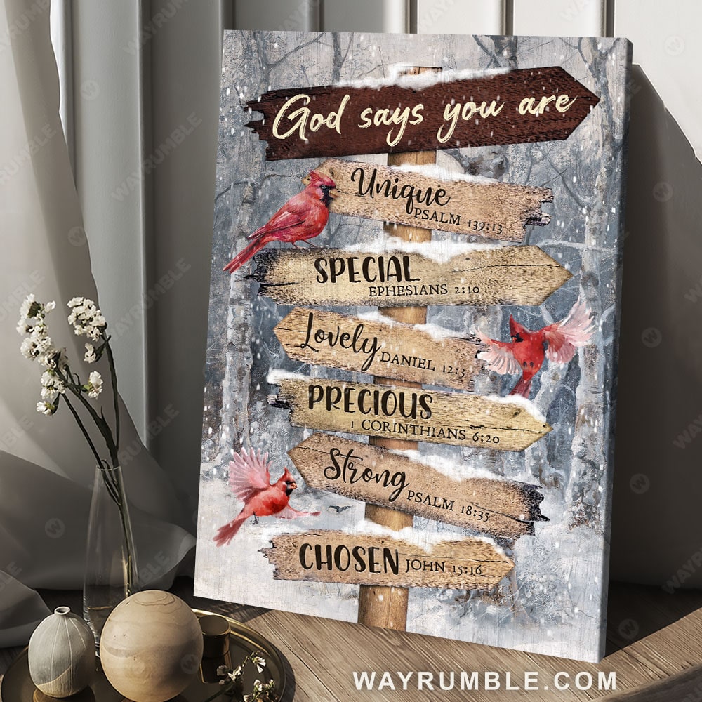 Wooden sign, Red cardinal, Winter forest, God says you are unique - Jesus Portrait Canvas Prints, Christian Wall Art