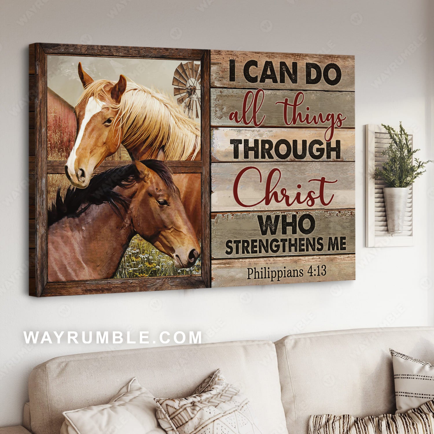 Watercolor horse, Antique window, Daisy field, I can do all things through Christ who strengthens me - Jesus Landscape Canvas Prints, Christian Wall Art