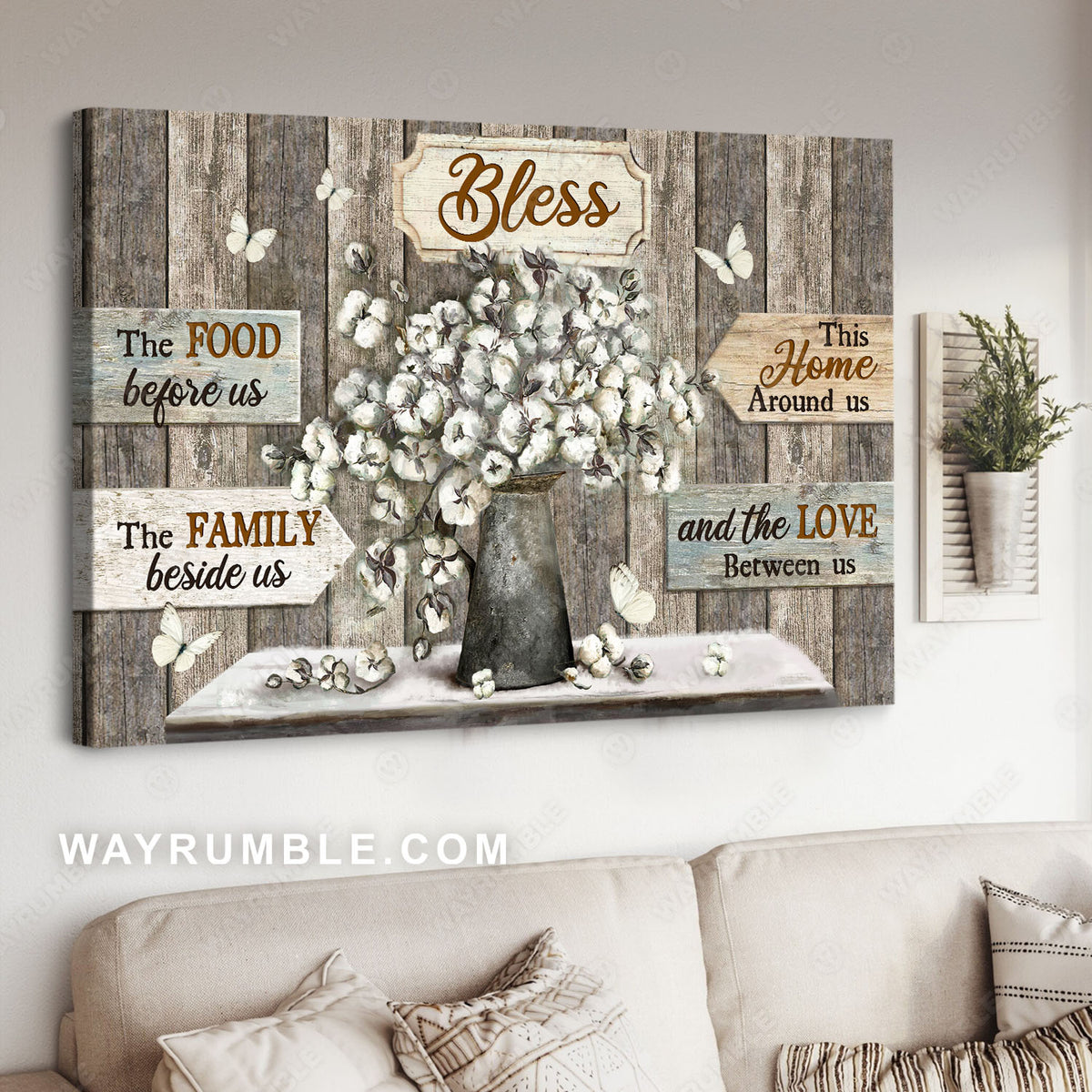 Cotton flower, Flower vase, White butterfly, Bless the love between us - Jesus Landscape Canvas Prints, Christian Wall Art