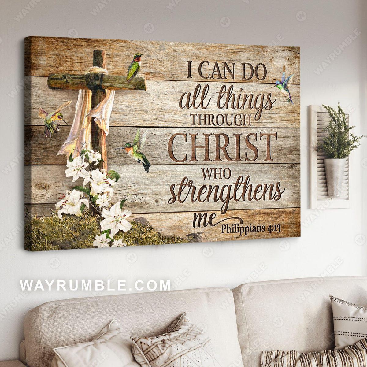 Cross symbol, Hummingbird, White lily, I can do all things - Jesus Landscape Canvas Prints, Christian Wall Art