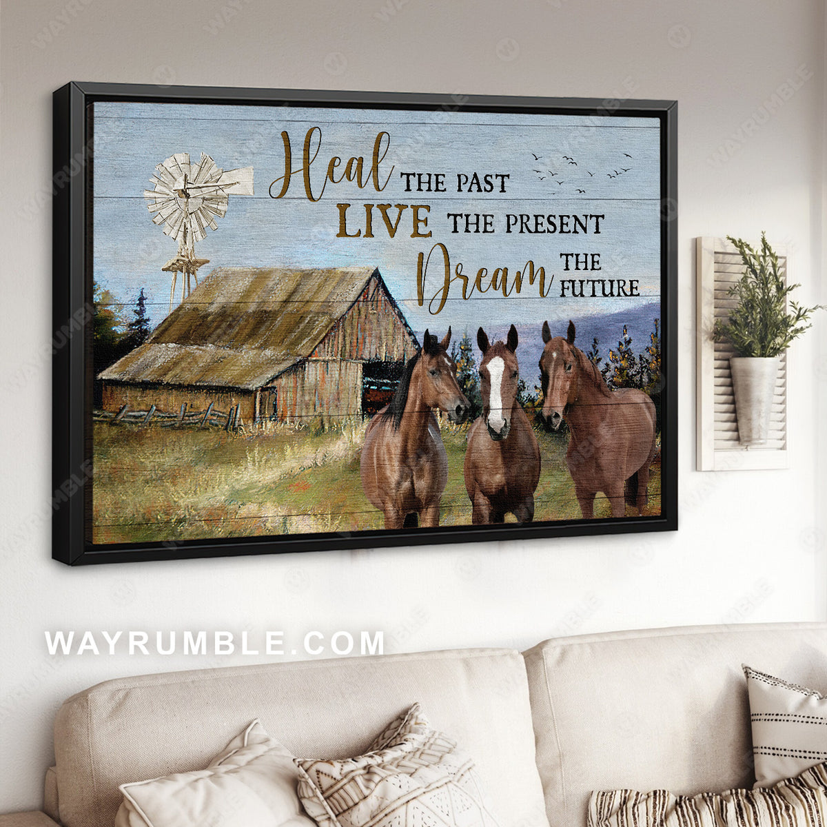 Green meadow, Watercolor horses, Windmill, Heal the past - Jesus Landscape Canvas Prints, Christian Wall Art