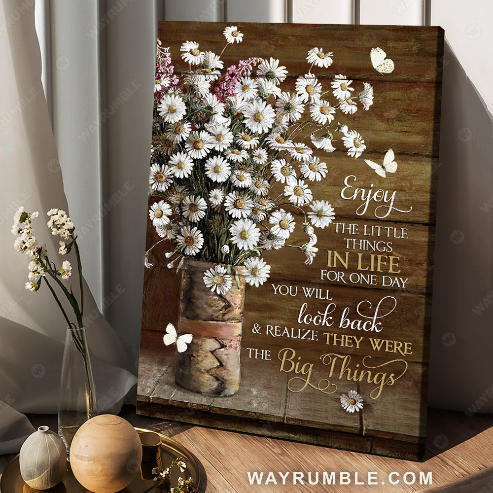 Daisy painting, White butterfly, Ceramic vase, Enjoy the little things in life - Jesus Portrait Canvas Prints, Christian Wall Art