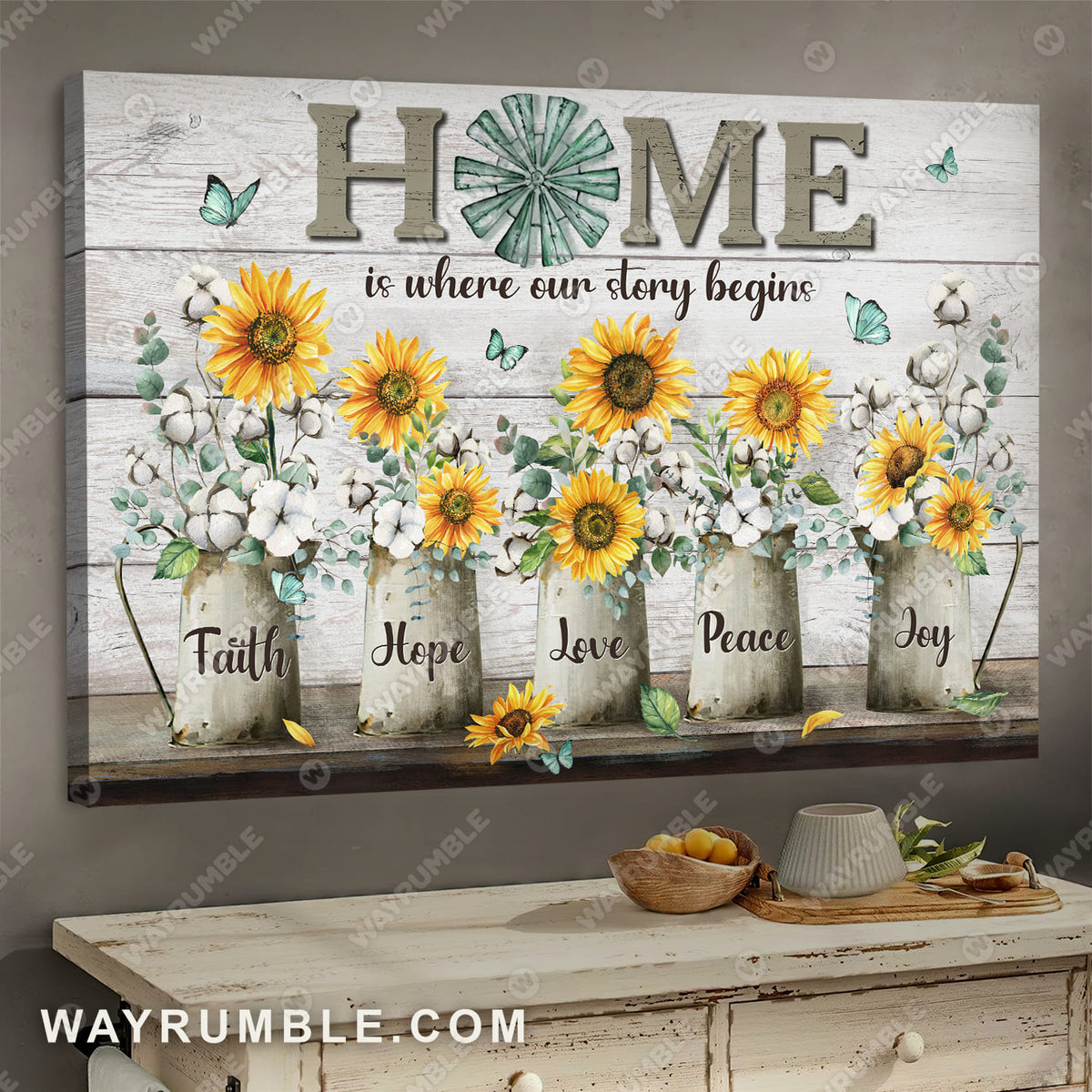 Sunflower painting, White cotton flower, Home is where our story begins faith- Jesus Landscape Canvas Prints, Wall Art