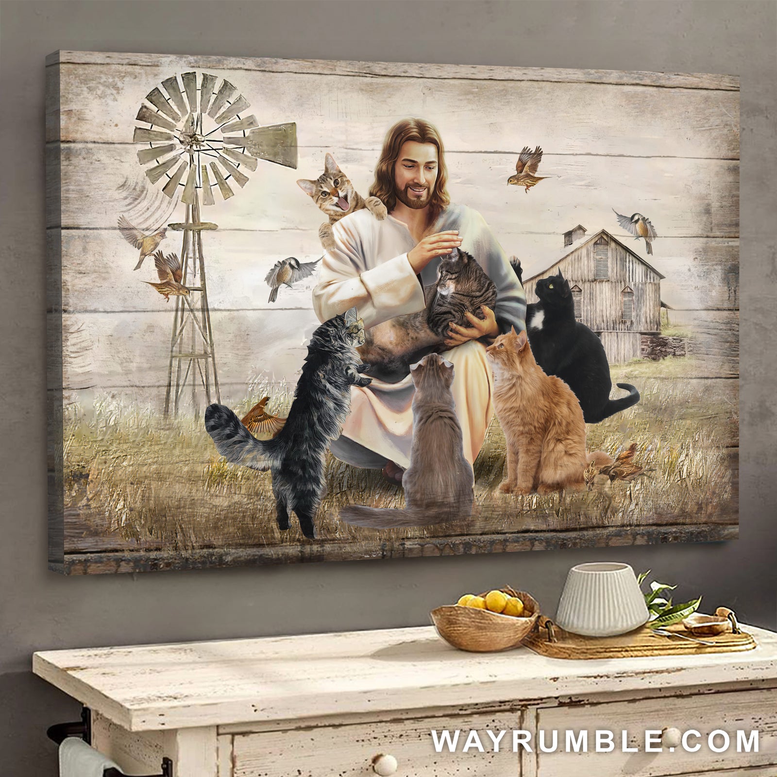 Jesus Painting, Cats, Tranquil farm - Jesus Landscape Canvas Prints, Wall Art