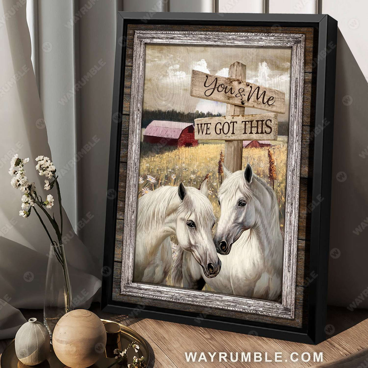 White horse painting, Countryside landscape, Meadow land, Red barn house, You and me, We got this - Jesus Portrait Canvas Prints, Christian Wall Art