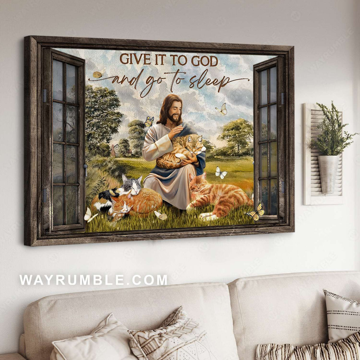 Jesus hugs, Sleepy cats, Green pastures, Give it to God and go to sleep - Jesus Landscape Canvas Prints, Christian Wall Art